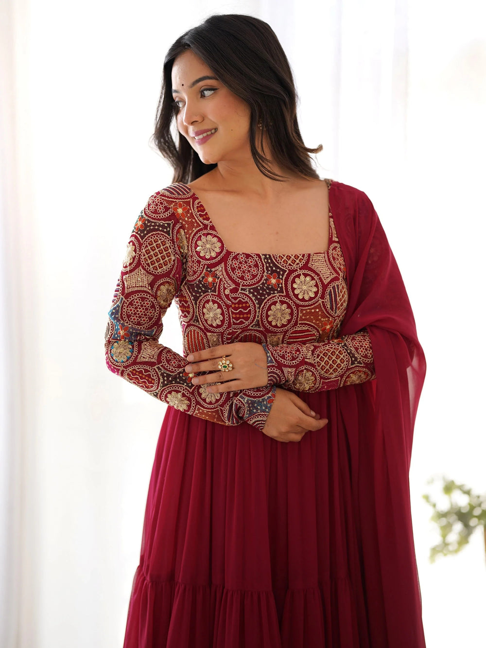 Maroon Embroidered Georgette Festive Wear Gown With Dupatta for Women