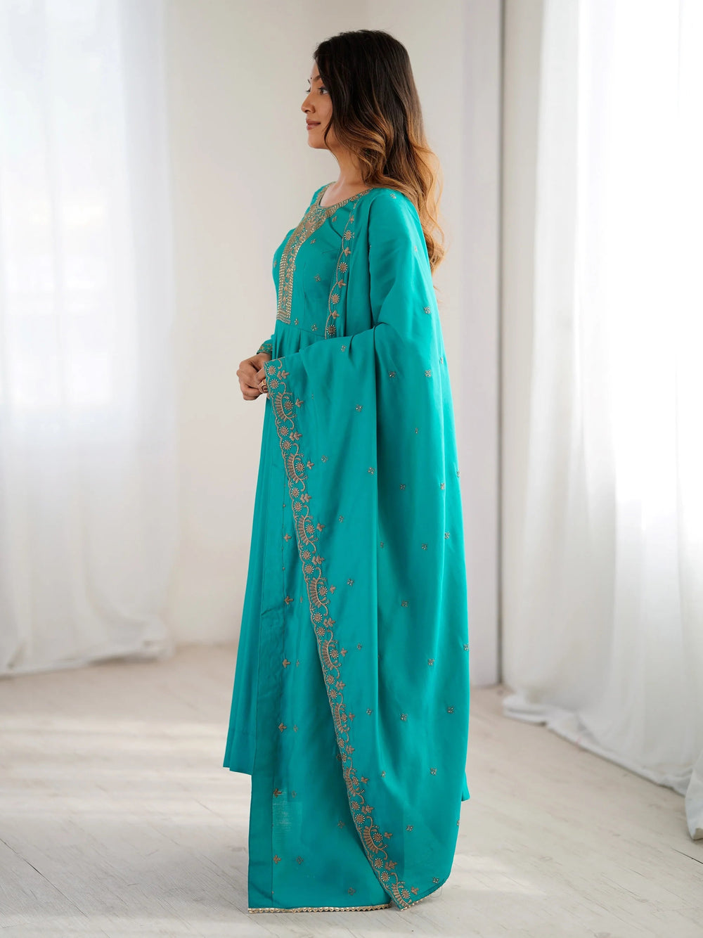 Sparkling Blue Beads Work Silk Festive Wear Salwar Kameez for Women