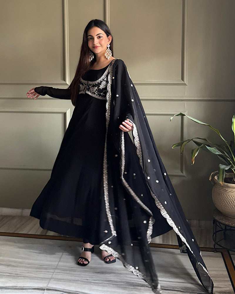 Black Georgette Embroidered Party Anarkali Suit for Women