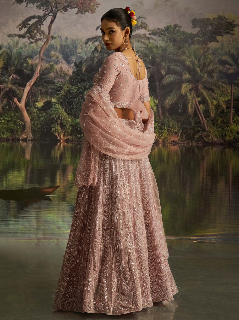Mauve Net Embroidered Party Wear Lehenga Choli With Dupatta for Women