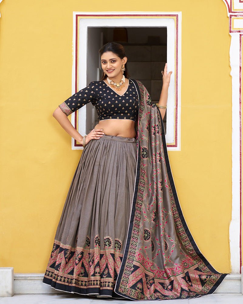 Tasar Silk Printed Sparkle Designer Lehenga Choli Set - Zimonza