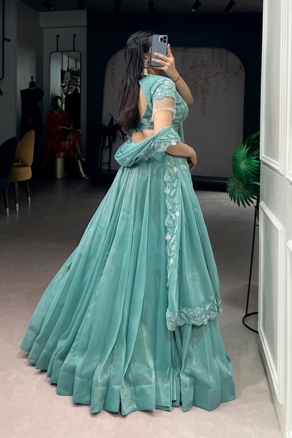Sea Green Beads Thread Embroidered Wedding Lehenga Choli for Women