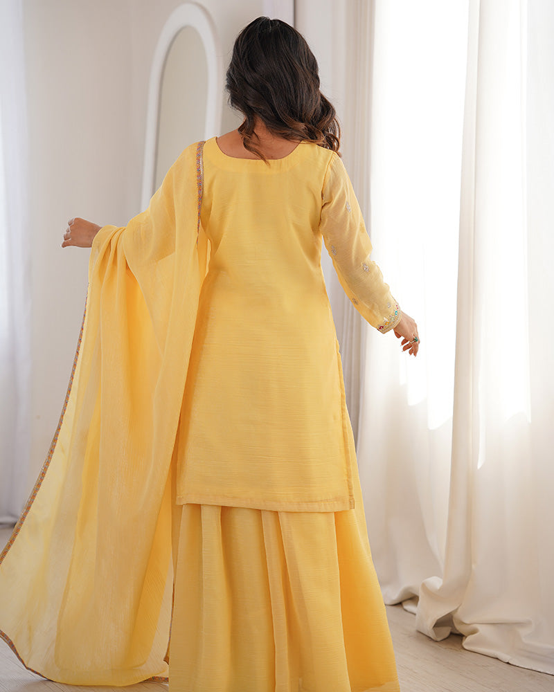 Yellow Crunchy Silk Embroidered Festive Palazzo Suit for Women