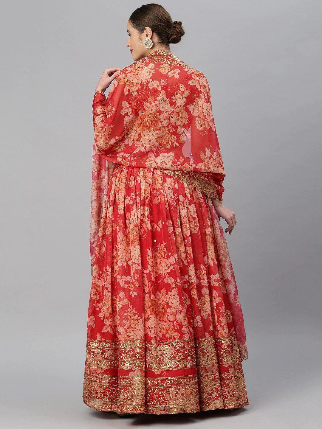 Red & Gold-Toned Embellished Sequinned Wedding Wear Lehenga Choli