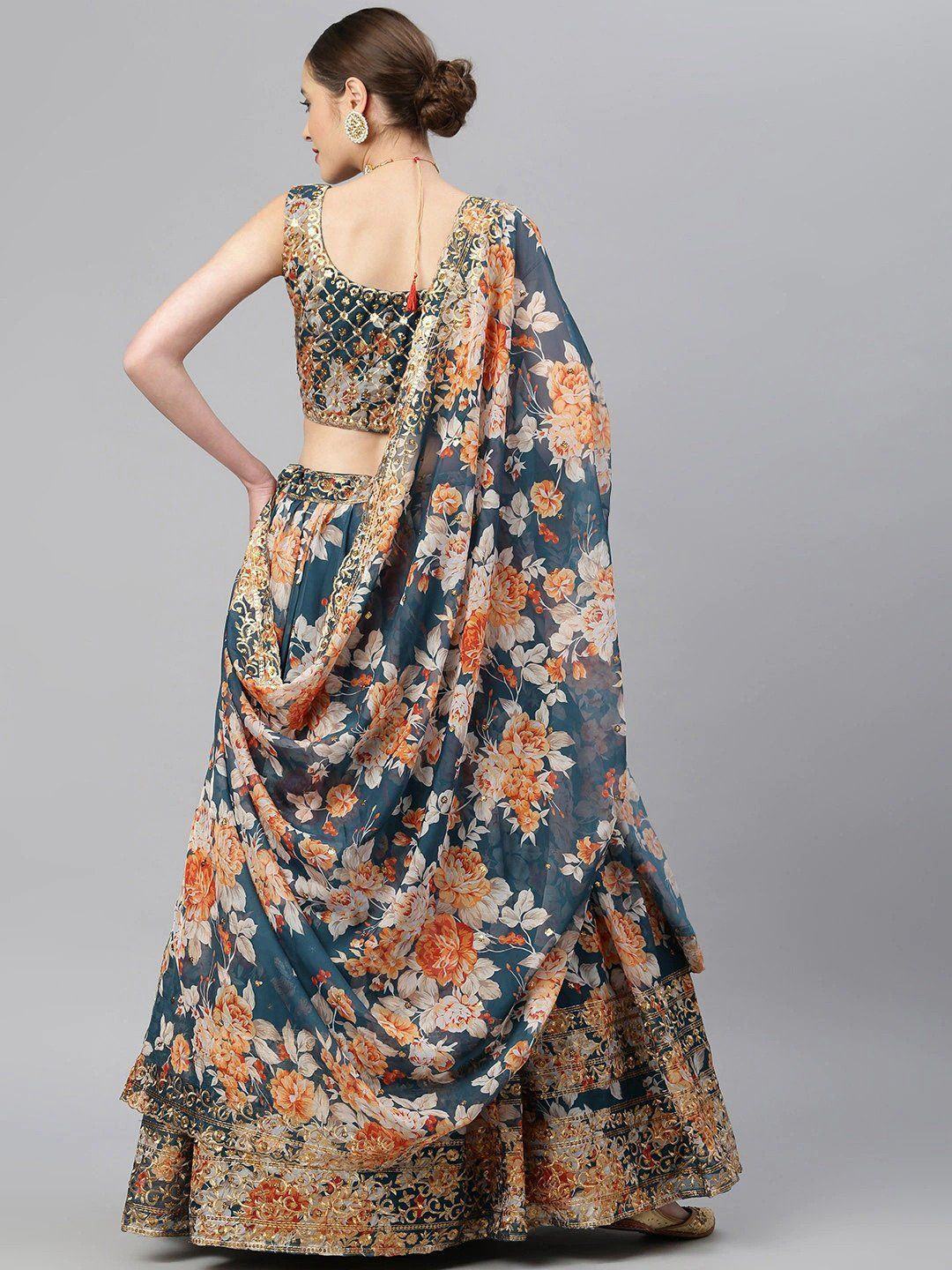 Organza lehenga choli with sequin embellishment and floral embroidery for wedding occasions