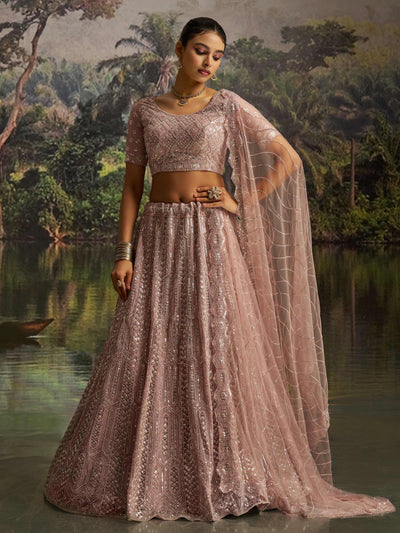 Mauve Net Embroidered Party Wear Lehenga Choli With Dupatta for Women