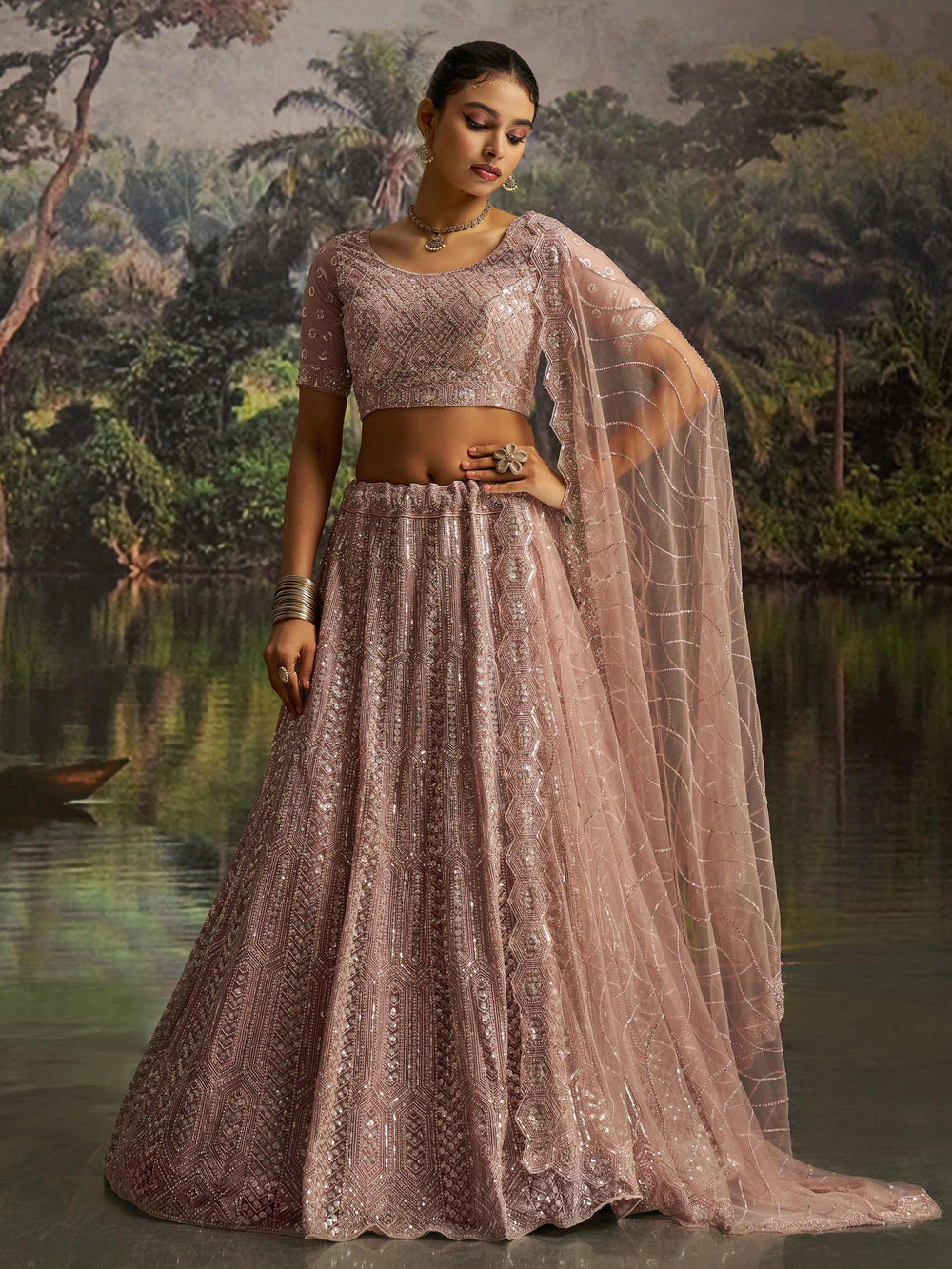 Mauve Net Embroidered Party Wear Lehenga Choli With Dupatta for Women