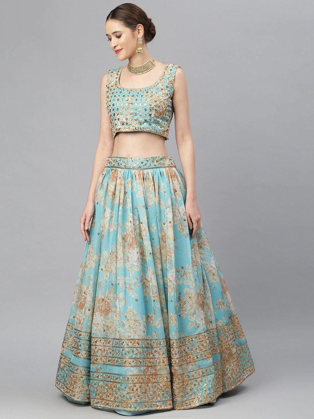 Organza lehenga choli with sequin embellishment and floral embroidery for wedding occasions