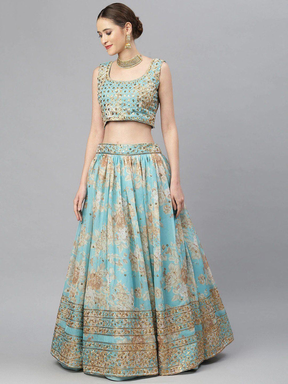 Organza lehenga choli with sequin embellishment and floral embroidery for wedding occasions
