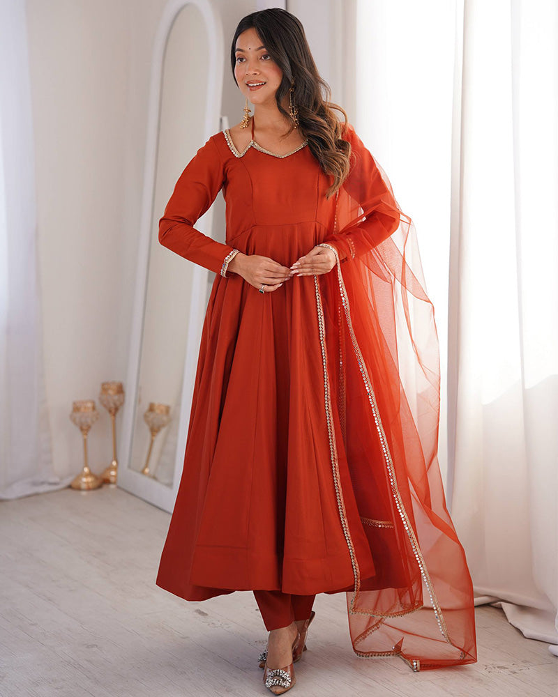 Rust Refined Chanderi Roman Silk Anarkali Suit for Women