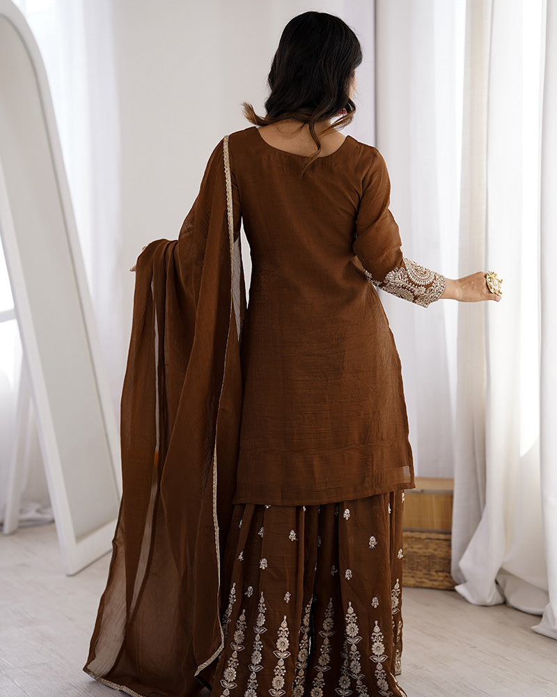 Brown Crunchy Silk Festive Sharara Suit for Women