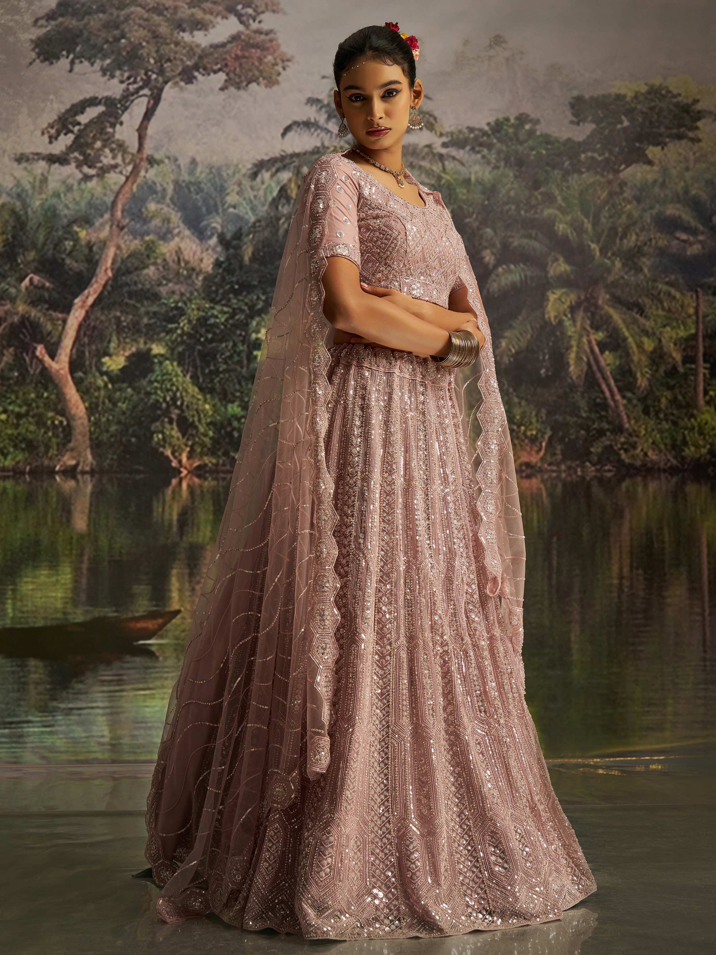 Mauve Net Embroidered Party Wear Lehenga Choli With Dupatta for Women