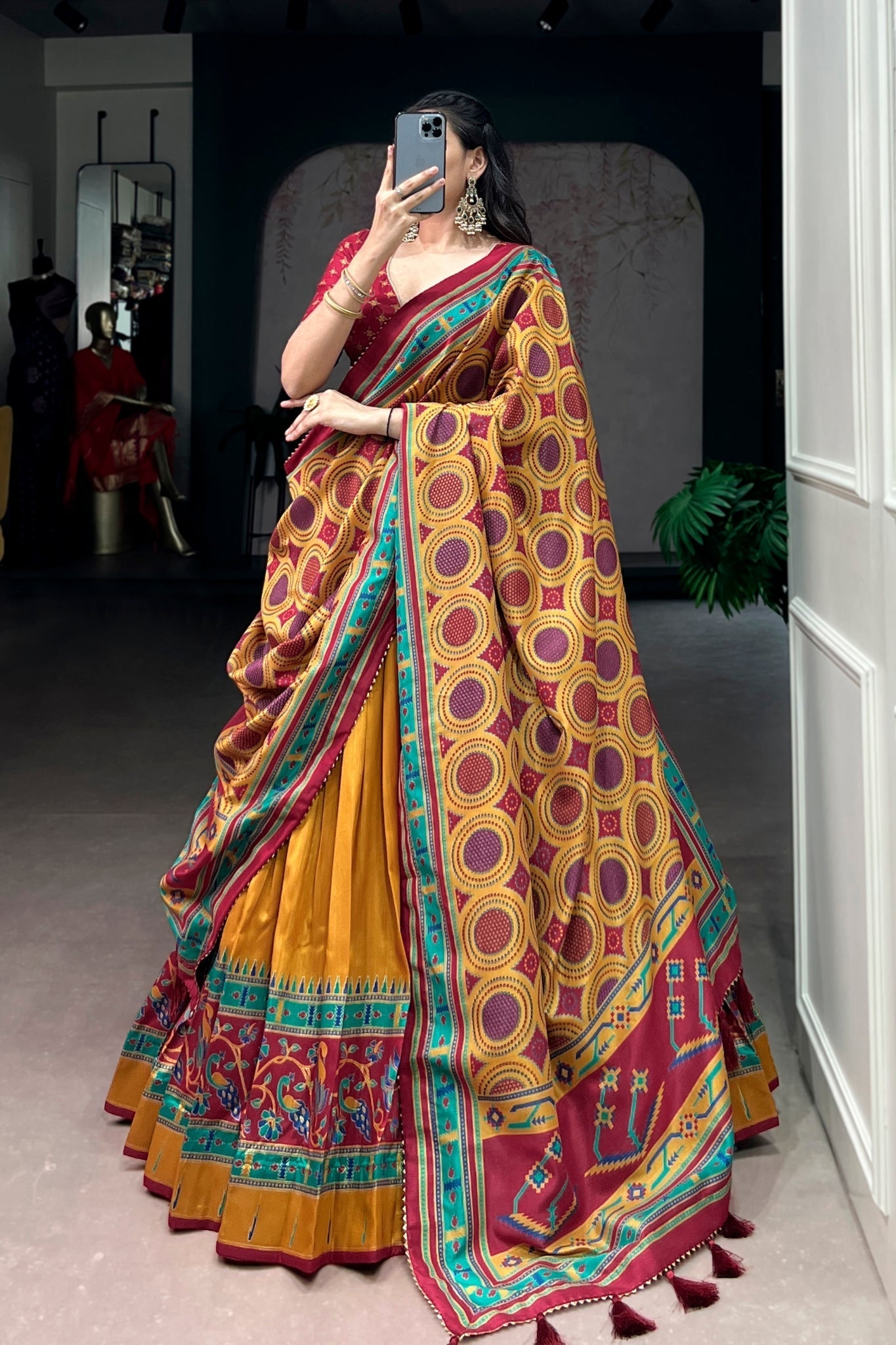 Mustard Printed Tasar Silk Festive Lehenga Choli for Women