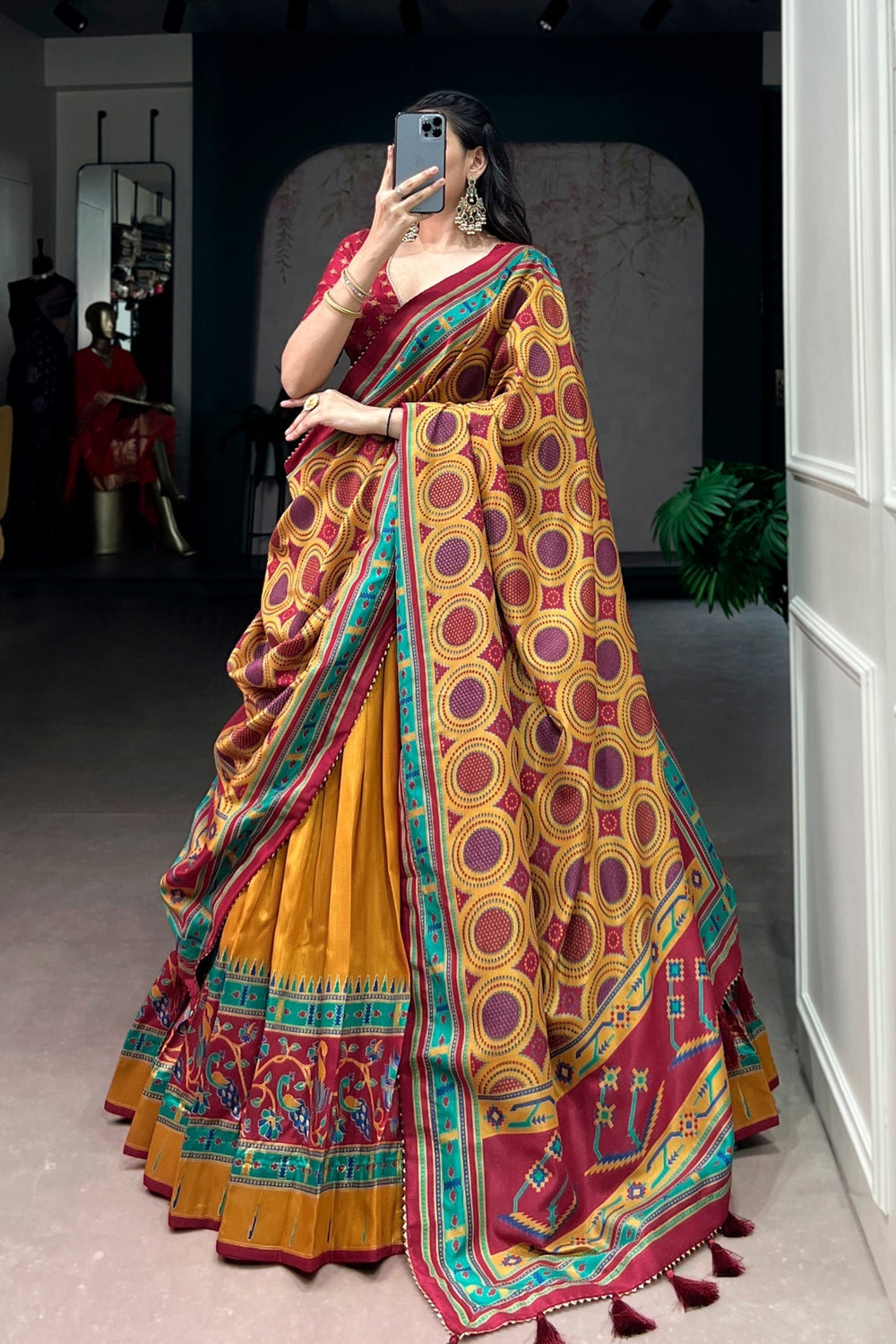 Mustard Printed Tasar Silk Festive Lehenga Choli for Women