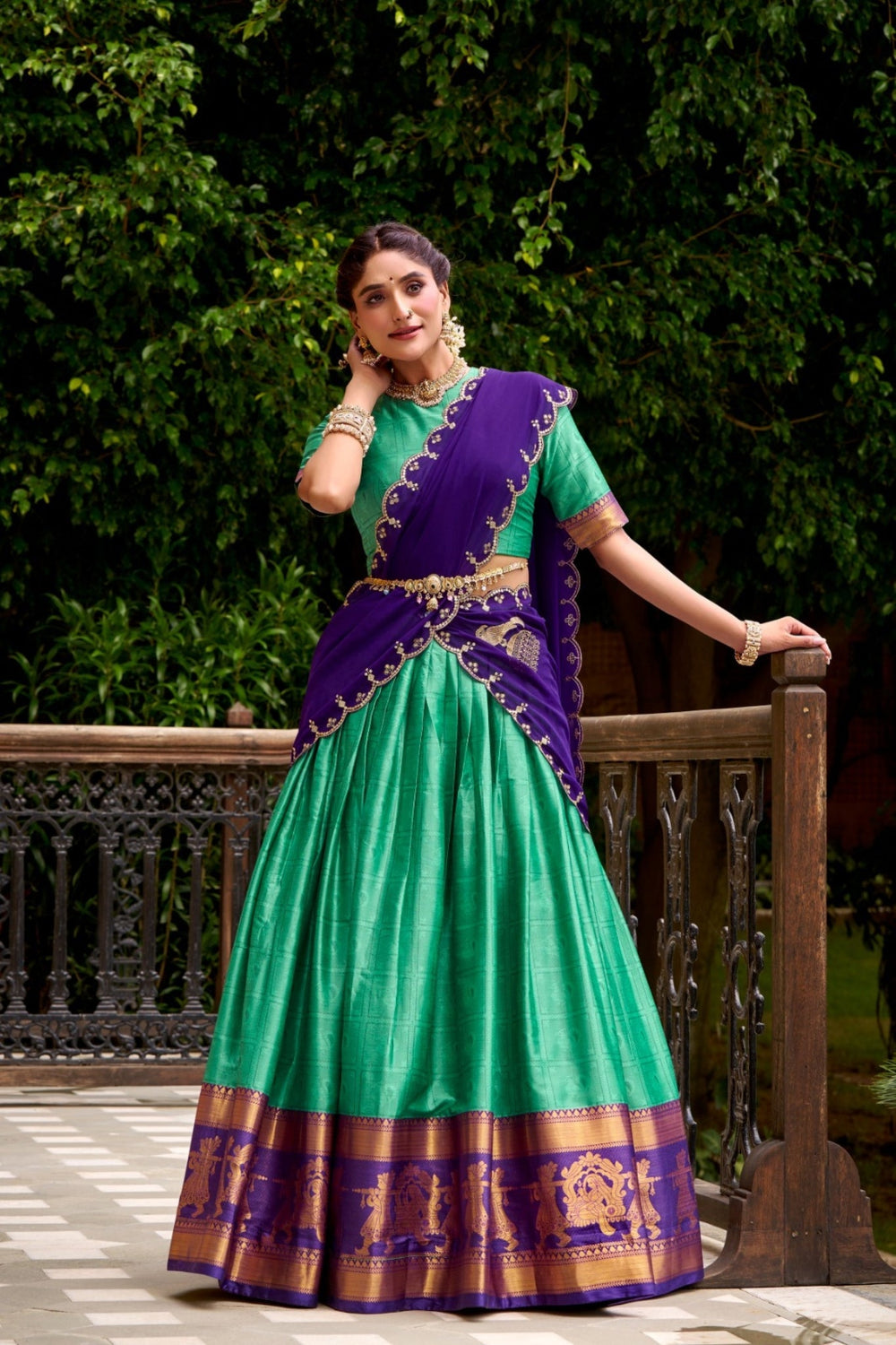Parrot Green Poly Cotton Zari Weaving Work Beautiful Lehenga Choli