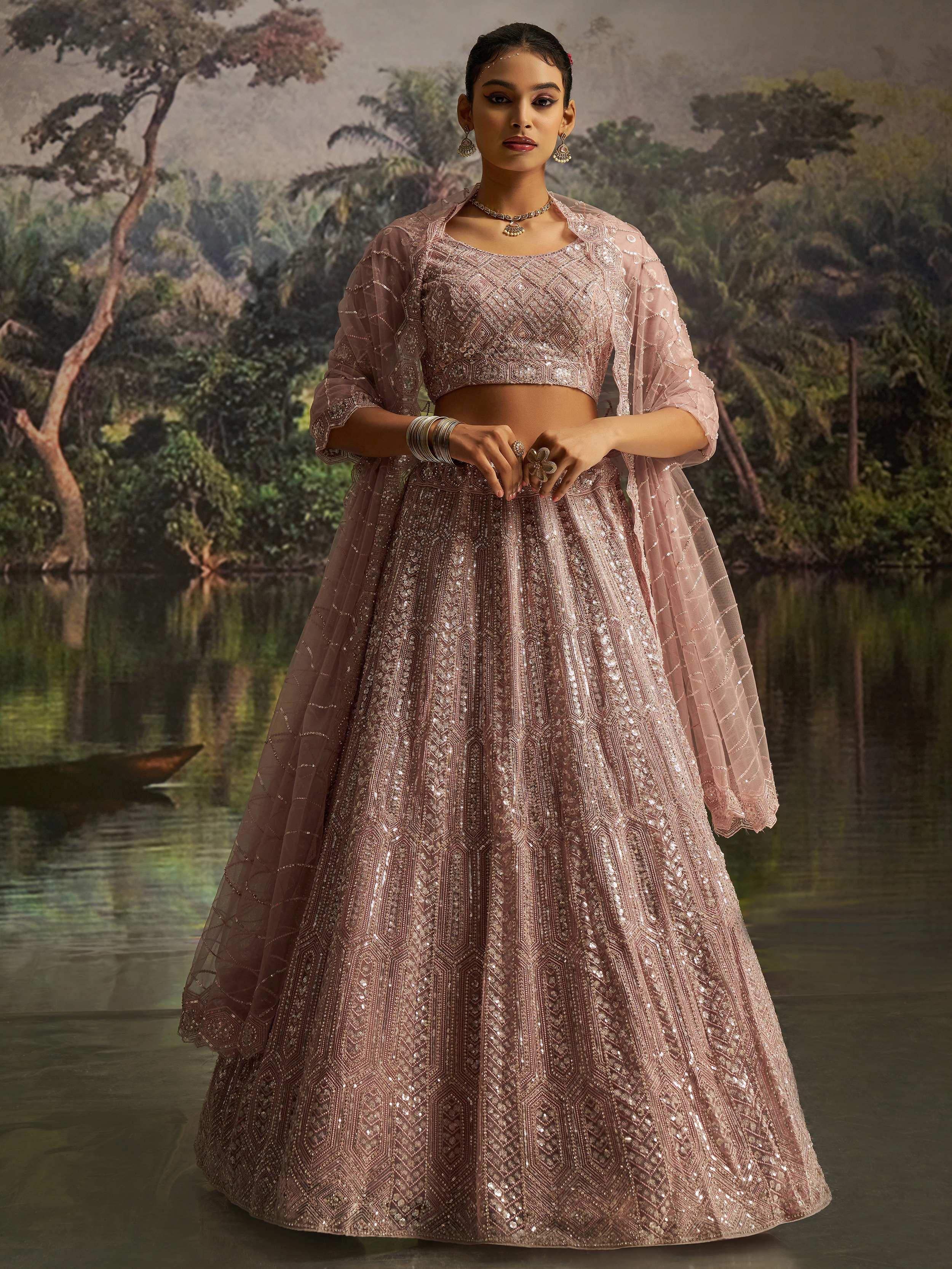 Mauve Net Embroidered Party Wear Lehenga Choli With Dupatta for Women