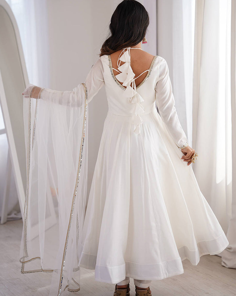 White Refined Chanderi Roman Silk Anarkali Suit for Women