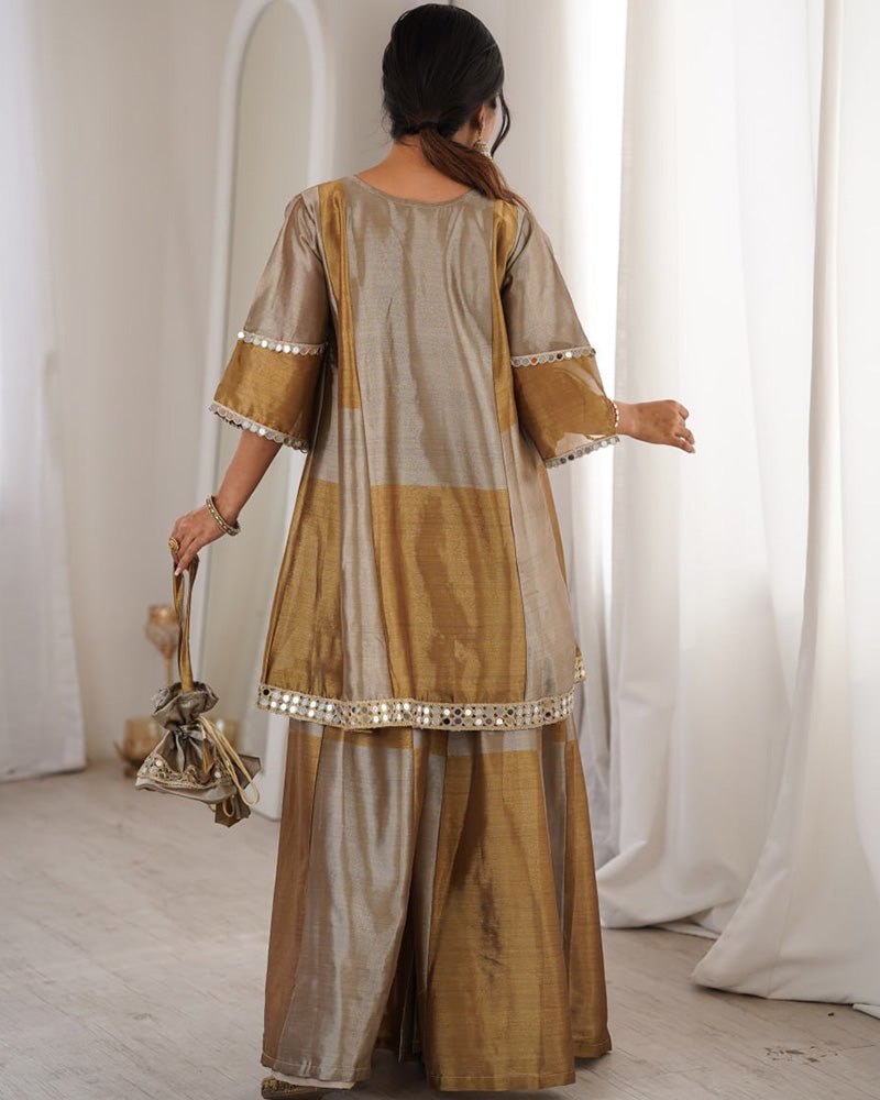 Grey Color Two - Tone Tissue Silk Embroidered Plazzo Suit - Zimonza