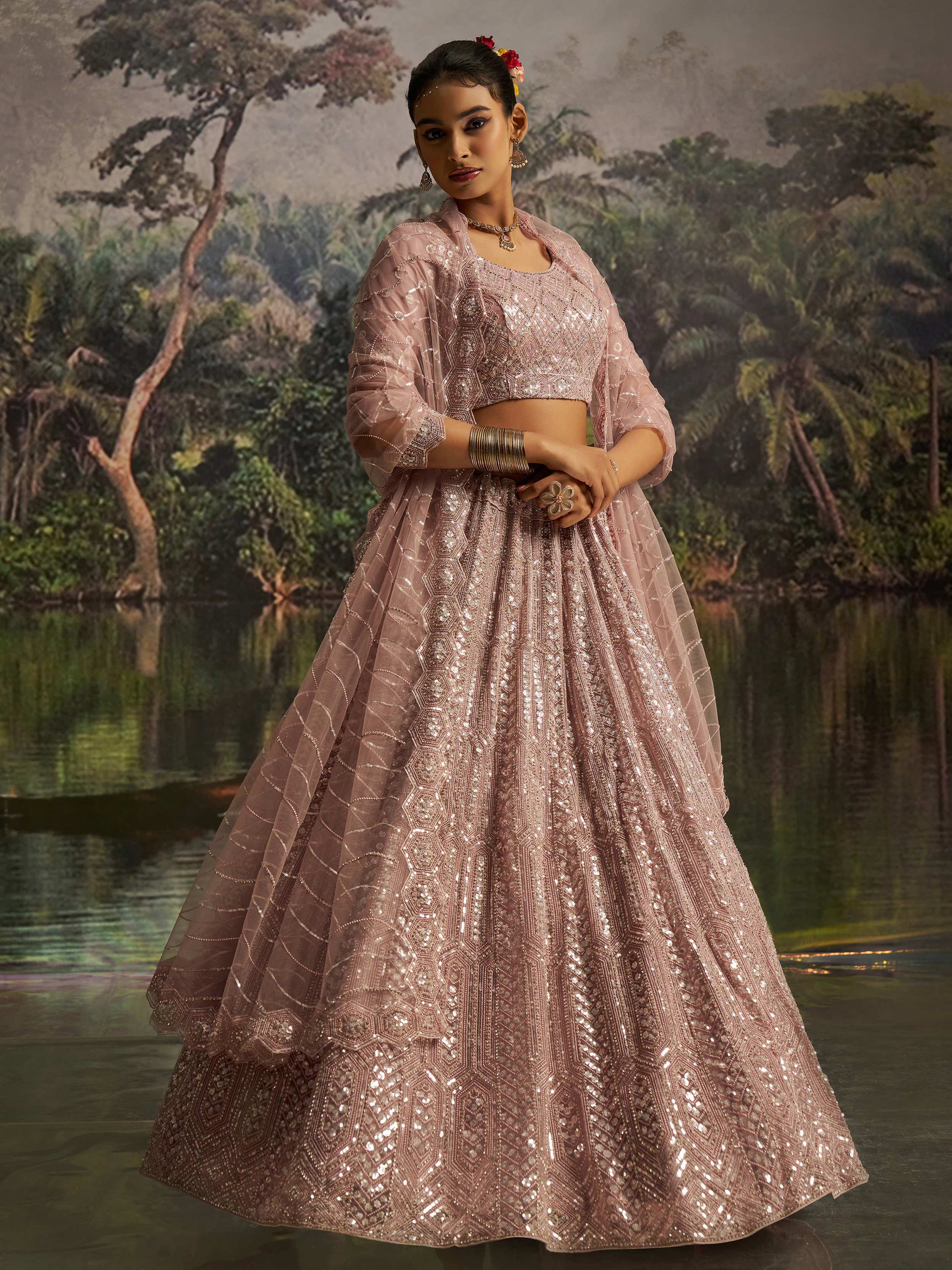 Mauve Net Embroidered Party Wear Lehenga Choli With Dupatta for Women