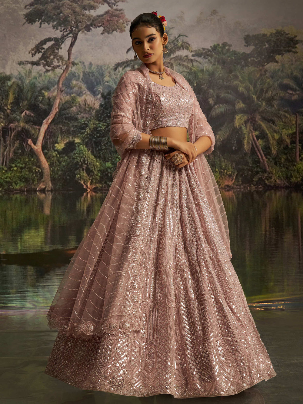 Mauve Net Embroidered Party Wear Lehenga Choli With Dupatta for Women