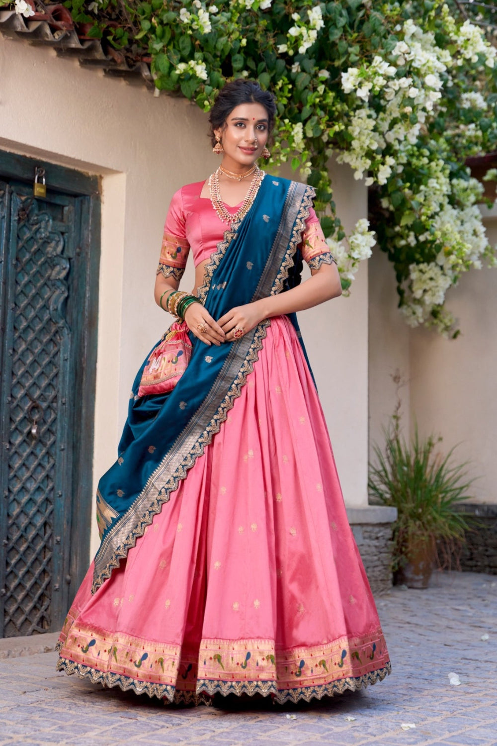 Pista Traditional Paithani Jacquard Sik Lehenga Set For Wedding