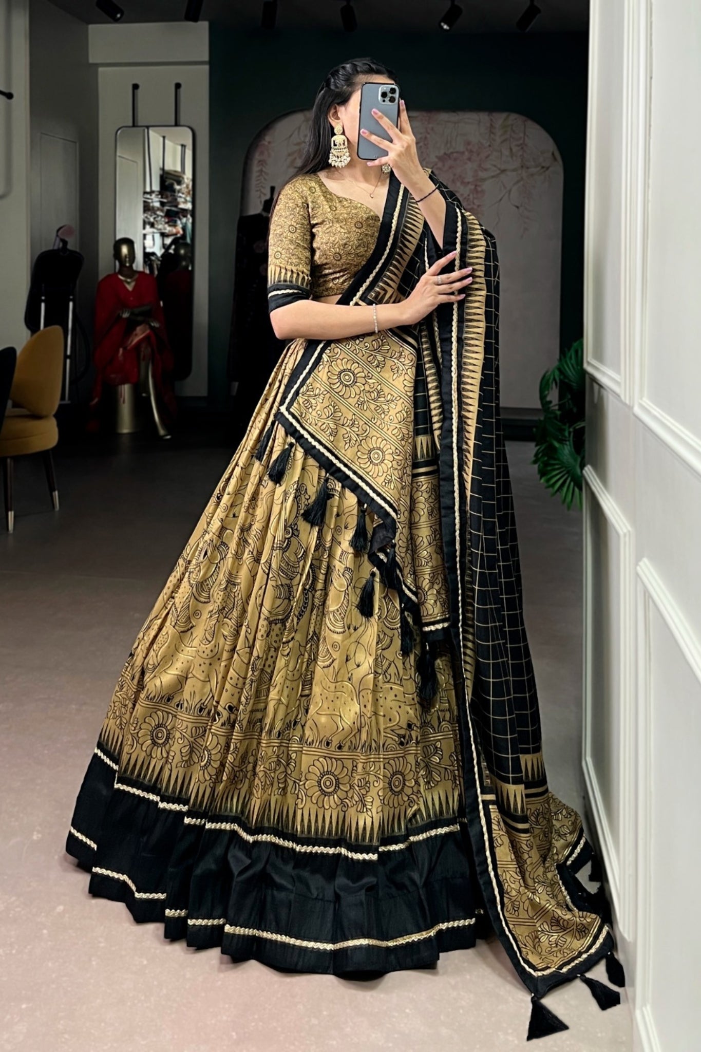 Gold Festive Kalamkari Printed Tasar Silk Lehenga Choli With Dupatta