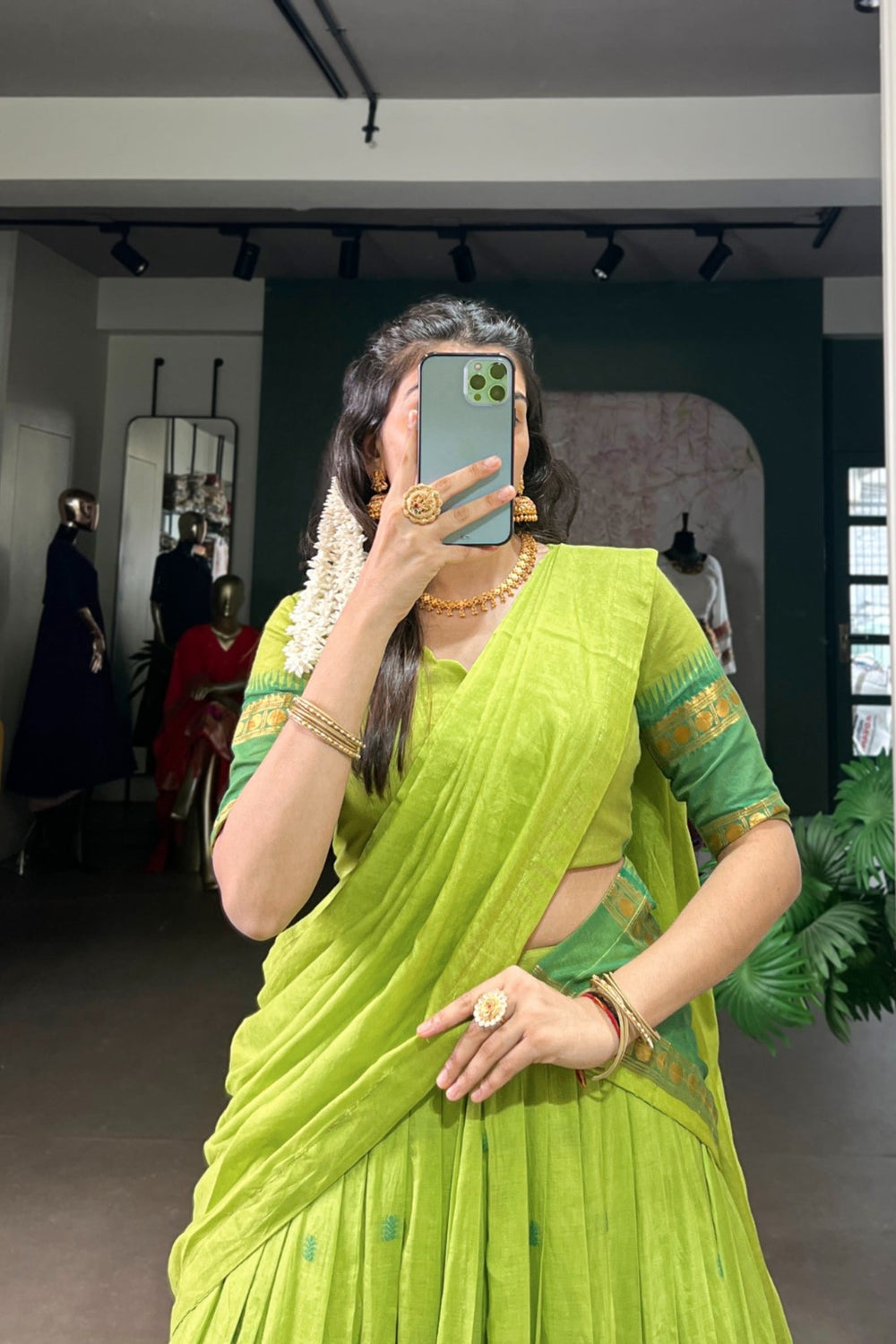 Parrot Green Pure Chanderi Zari Weaving Work South Indian Lehenga Choli