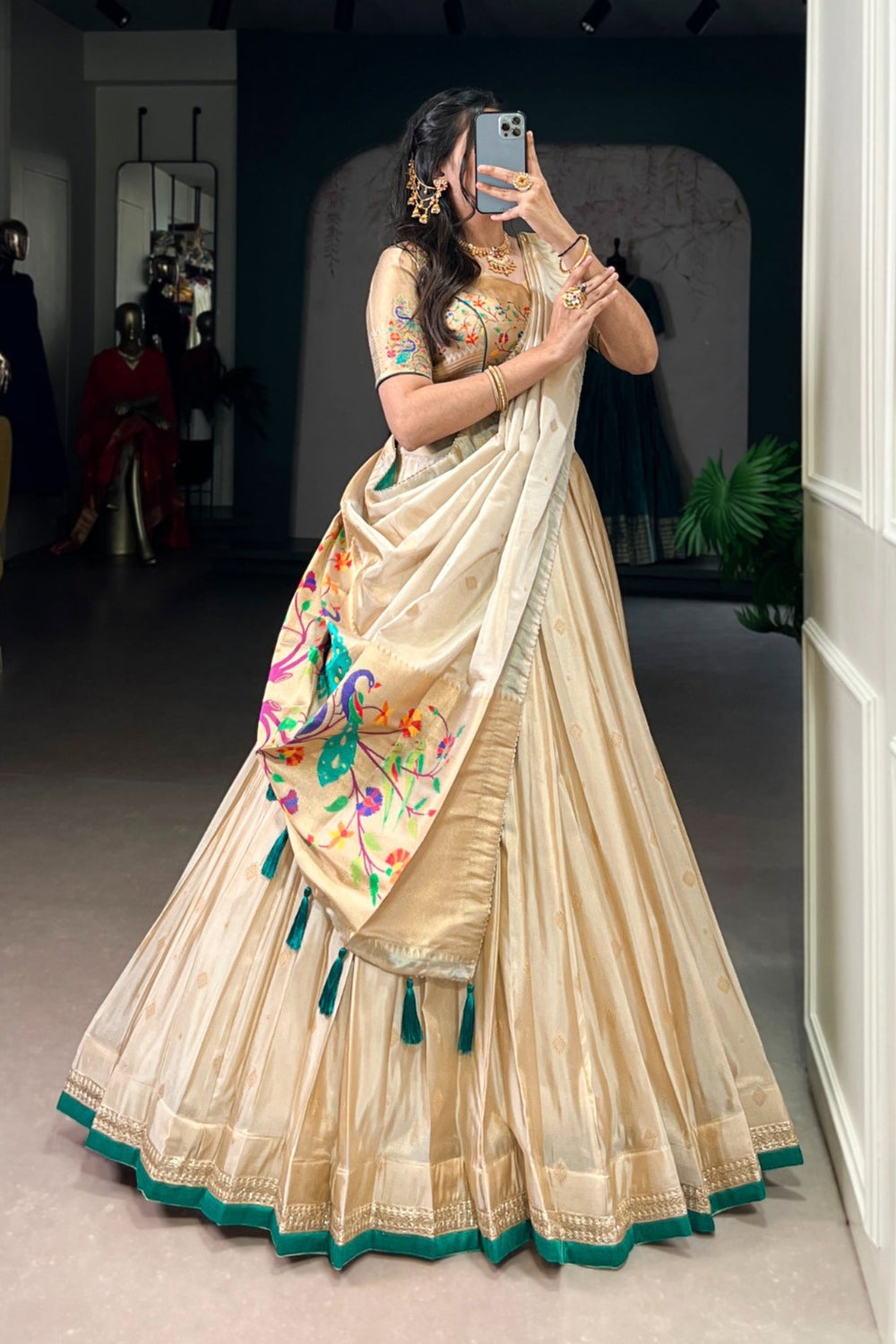 Battel Green Designer Paithani Zari Weaving Shimmer Lehenga Choli With Dupatta