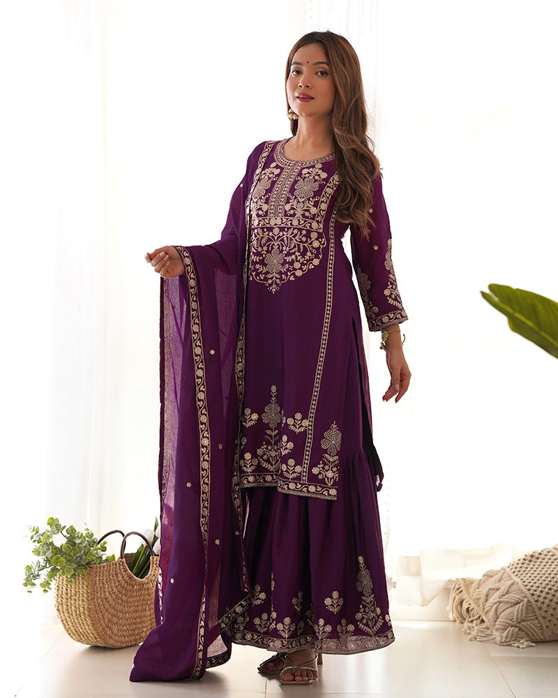 Wine Chinon Embroidered Wedding Wear Sharara Suit for Women