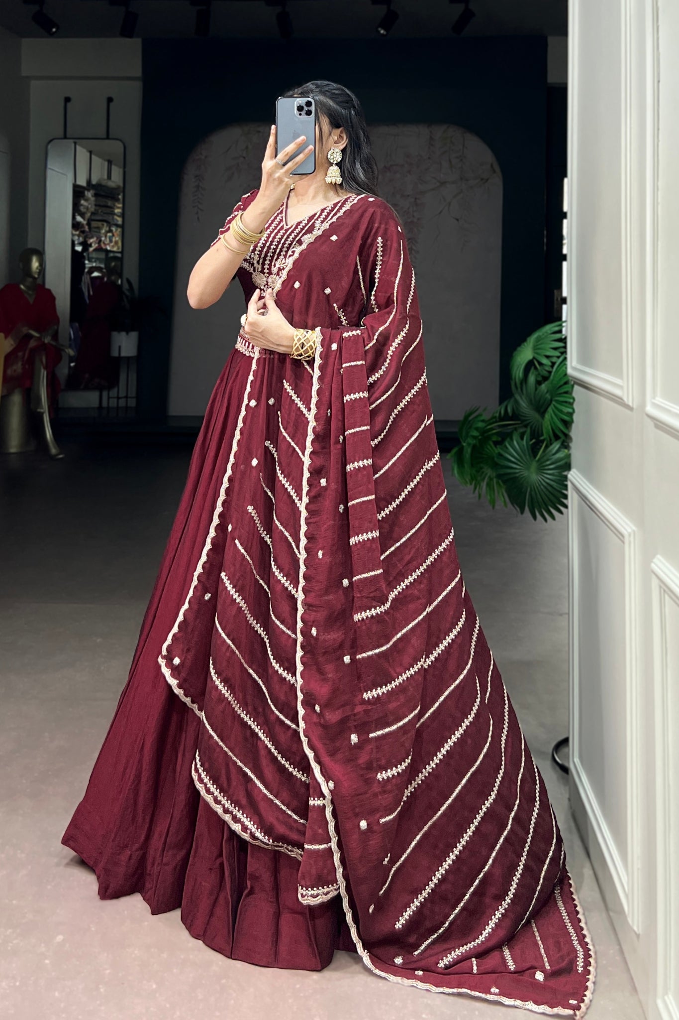 Premium Maroon Rangoli Crush Lehenga Choli Set - Zimonza