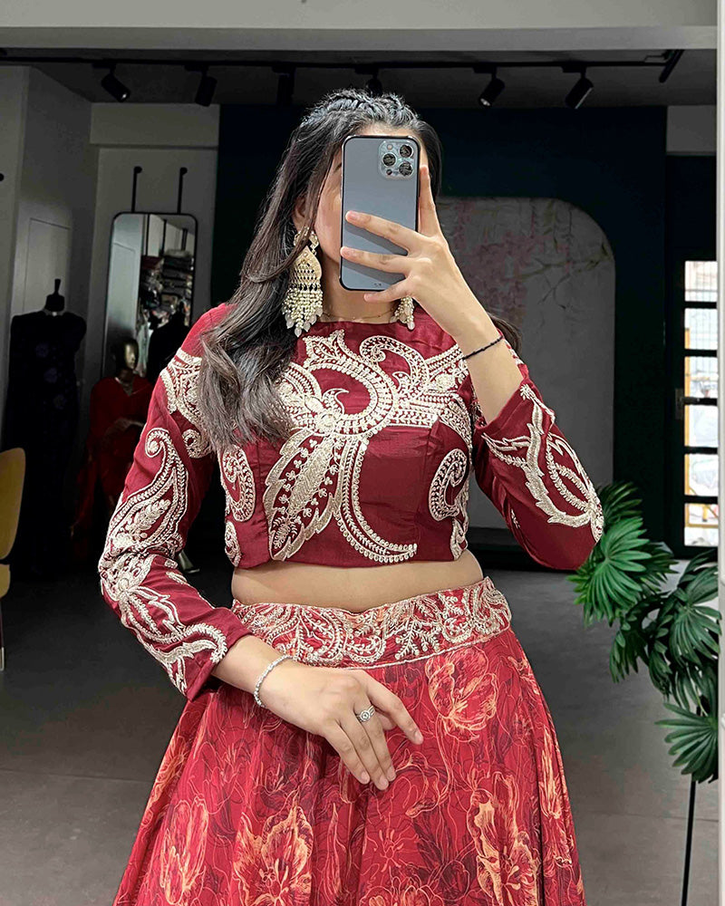 Red Eye Catching Tussar Silk Printed Embroidered Lehenga Choli for Women