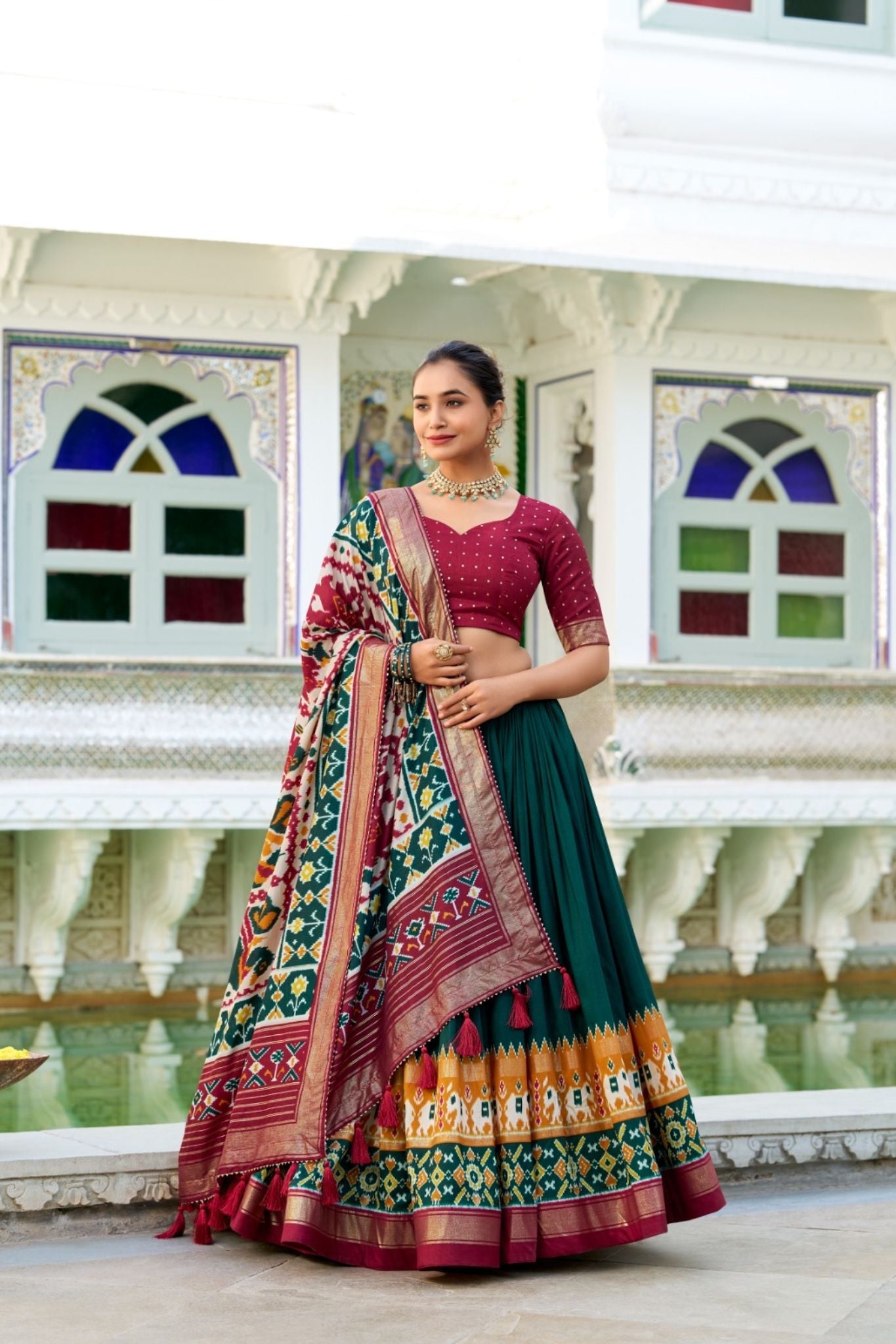 Navy Blue Tussar Silk Patola Printed With Foil Work Lehenga Choli