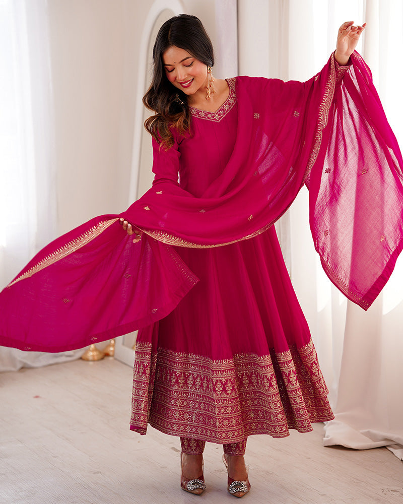 Rani Pink Vichitra Silk Embroidered Anarkali Suit for Women