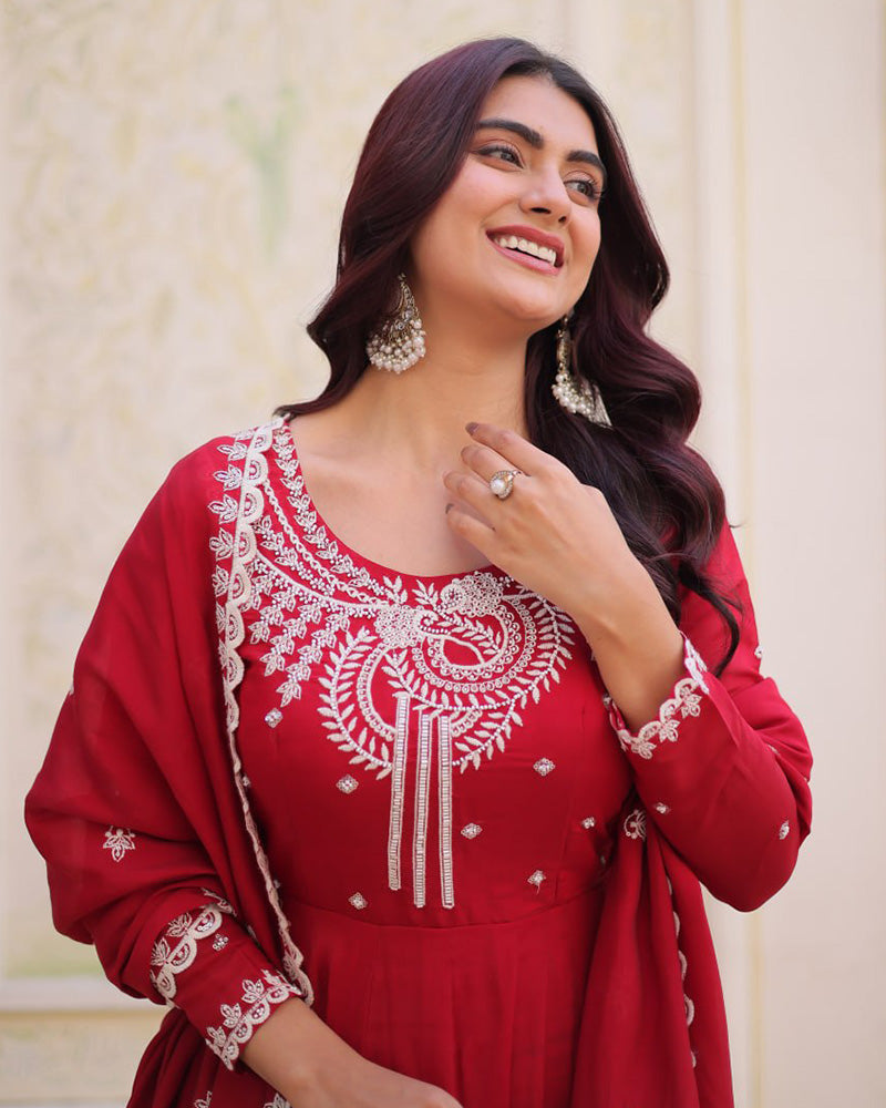 Royal Red Mal Chanderi Cotton Festive Anarkali Suit for Women