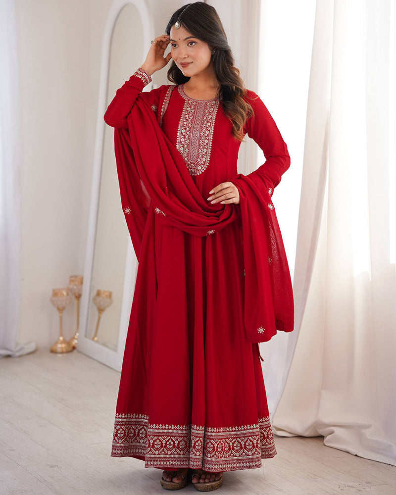 Dark Red Engaging Zari Work Silk Reception Wear Gown With Dupatta for Women