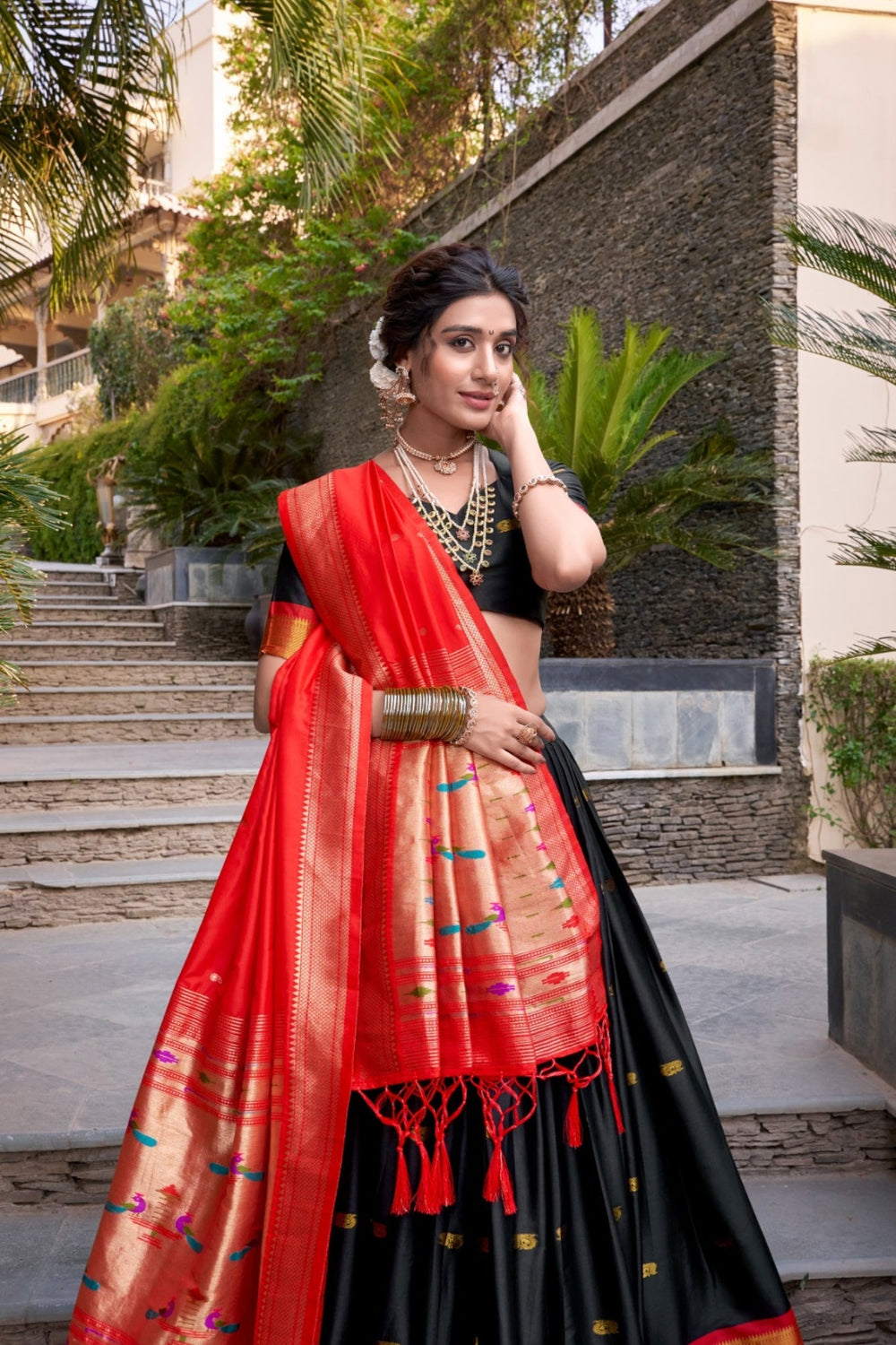 Black Paithani Jacquard Silk Lehenga Set with Zari Weaving Work