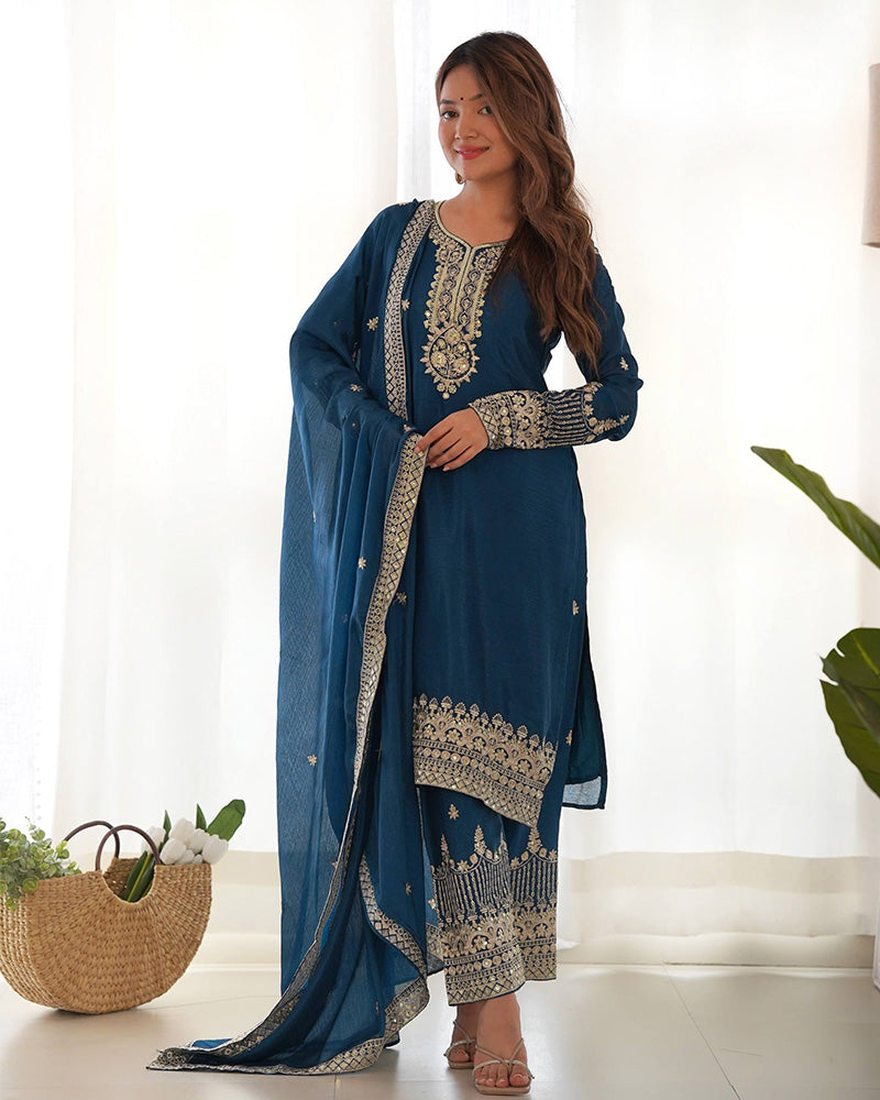 Morpich Chinon Silk Three Piece Festive Kurti Suit for Women