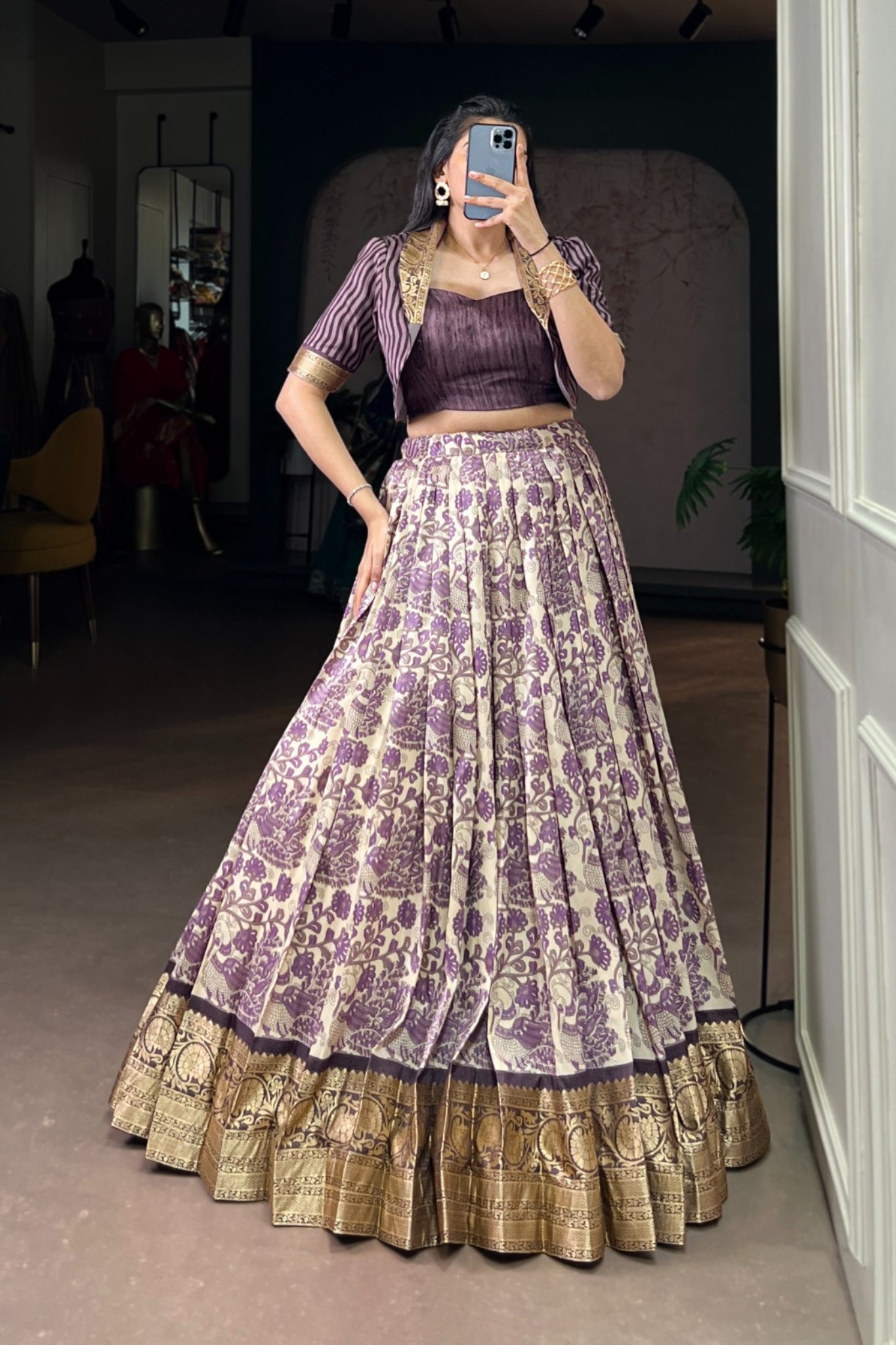 Lavender Handcrafted Tasar Silk Printed With Viscose Border Lehenga Choli