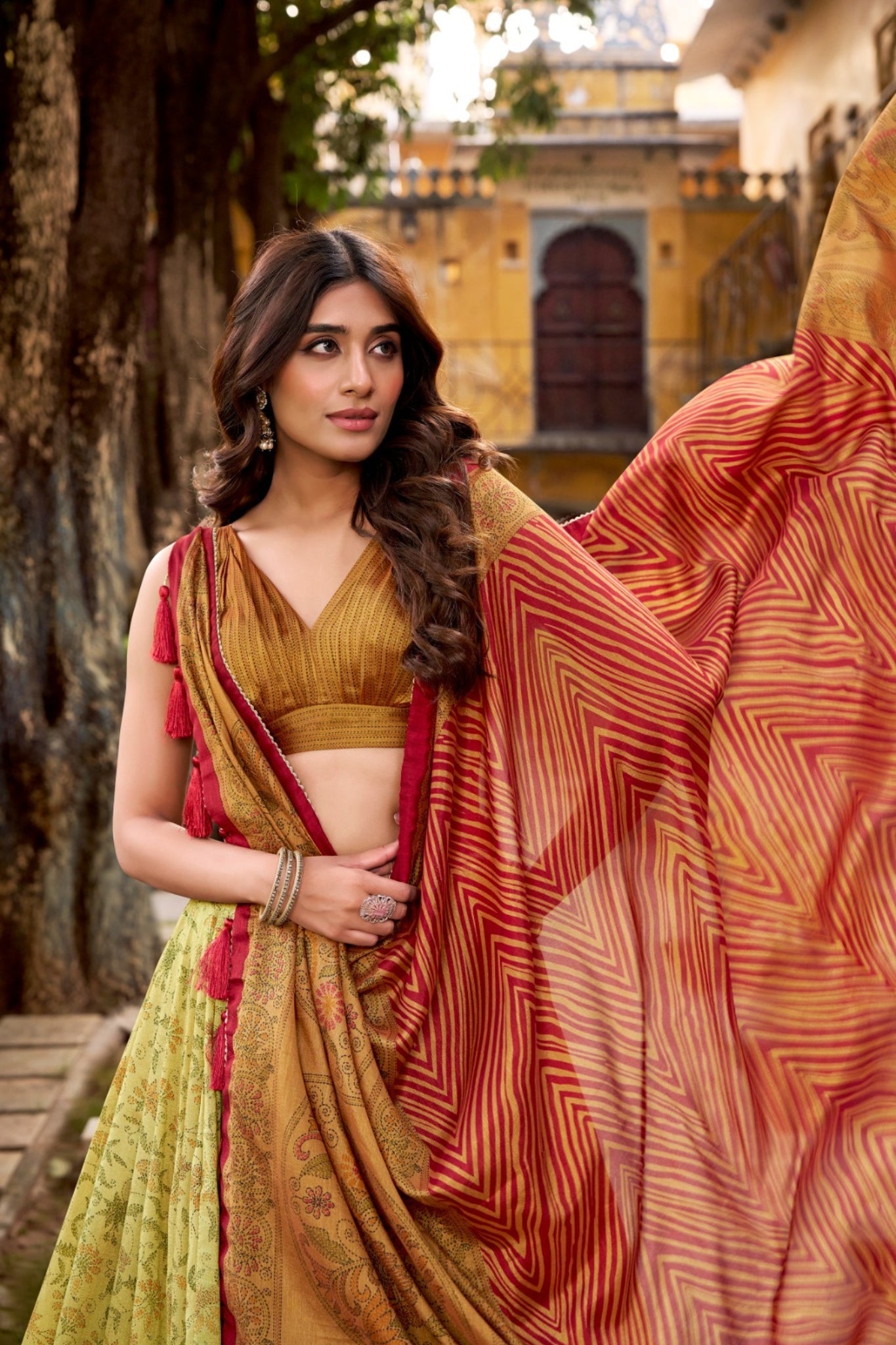Copper Heritage Inspired Vichitra Silk Printed Luxury Lehenga Set With Elegant Flare