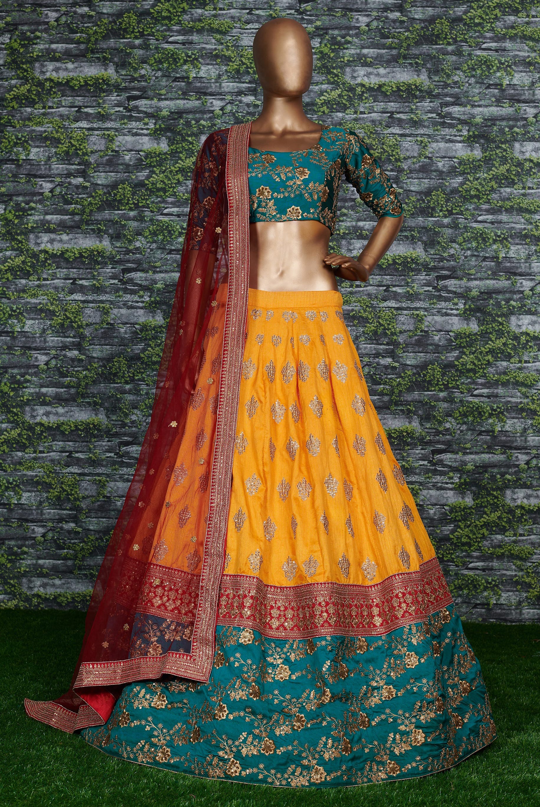 Teal Green-Yellow Bridal Lehenga Choli with Dupatta Ethnic Collection