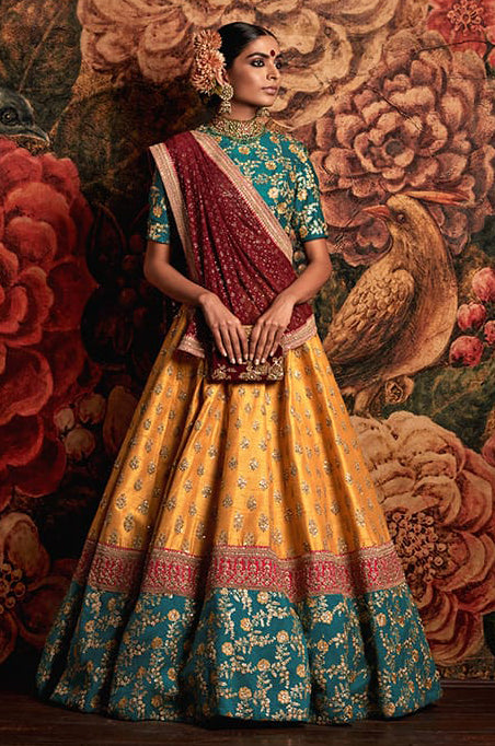 Teal Green-Yellow Bridal Lehenga Choli with Dupatta Ethnic Collection
