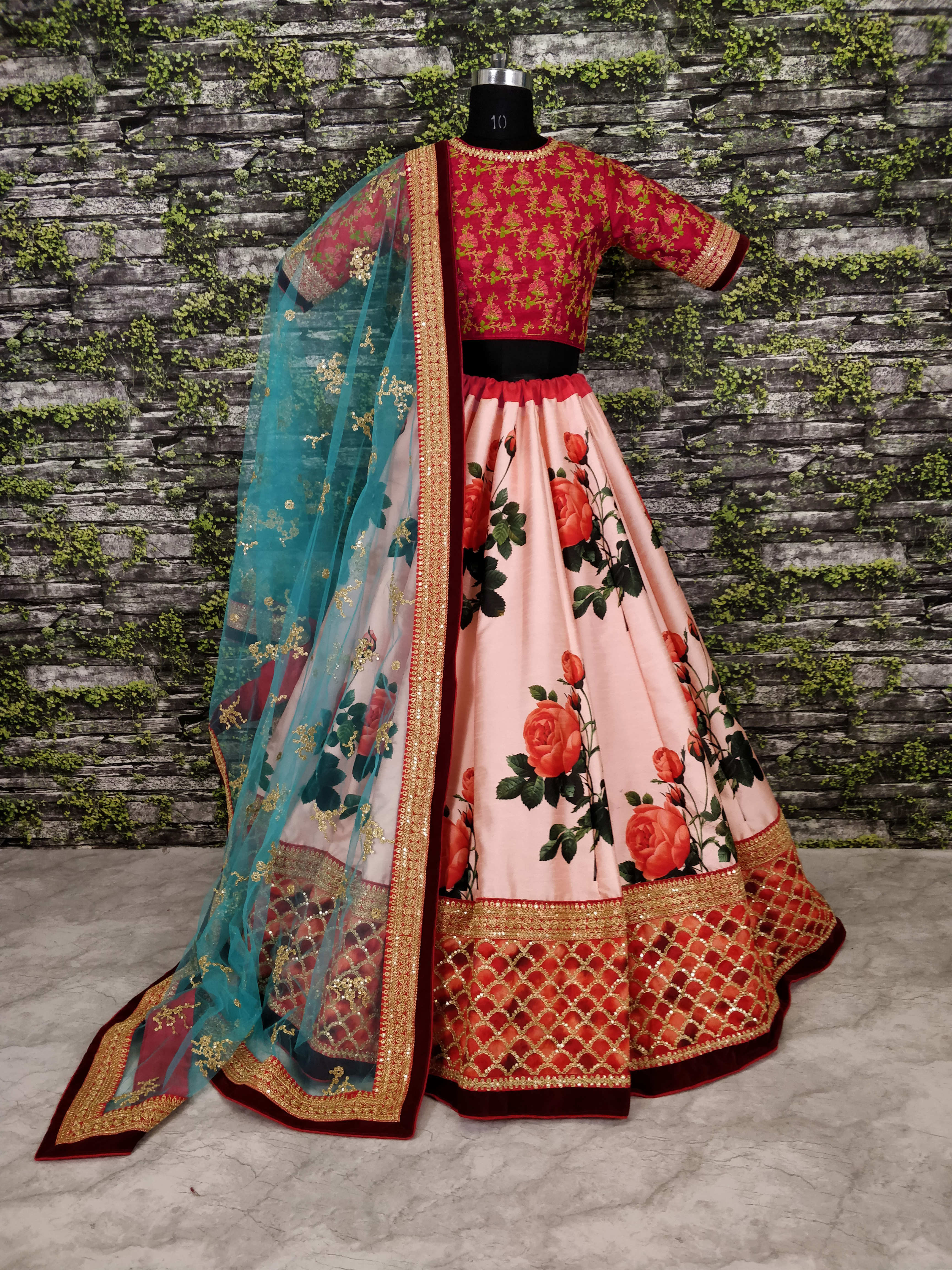 Pink Rose Digital Floral Print Silk Festival Wear Lehenga Choli