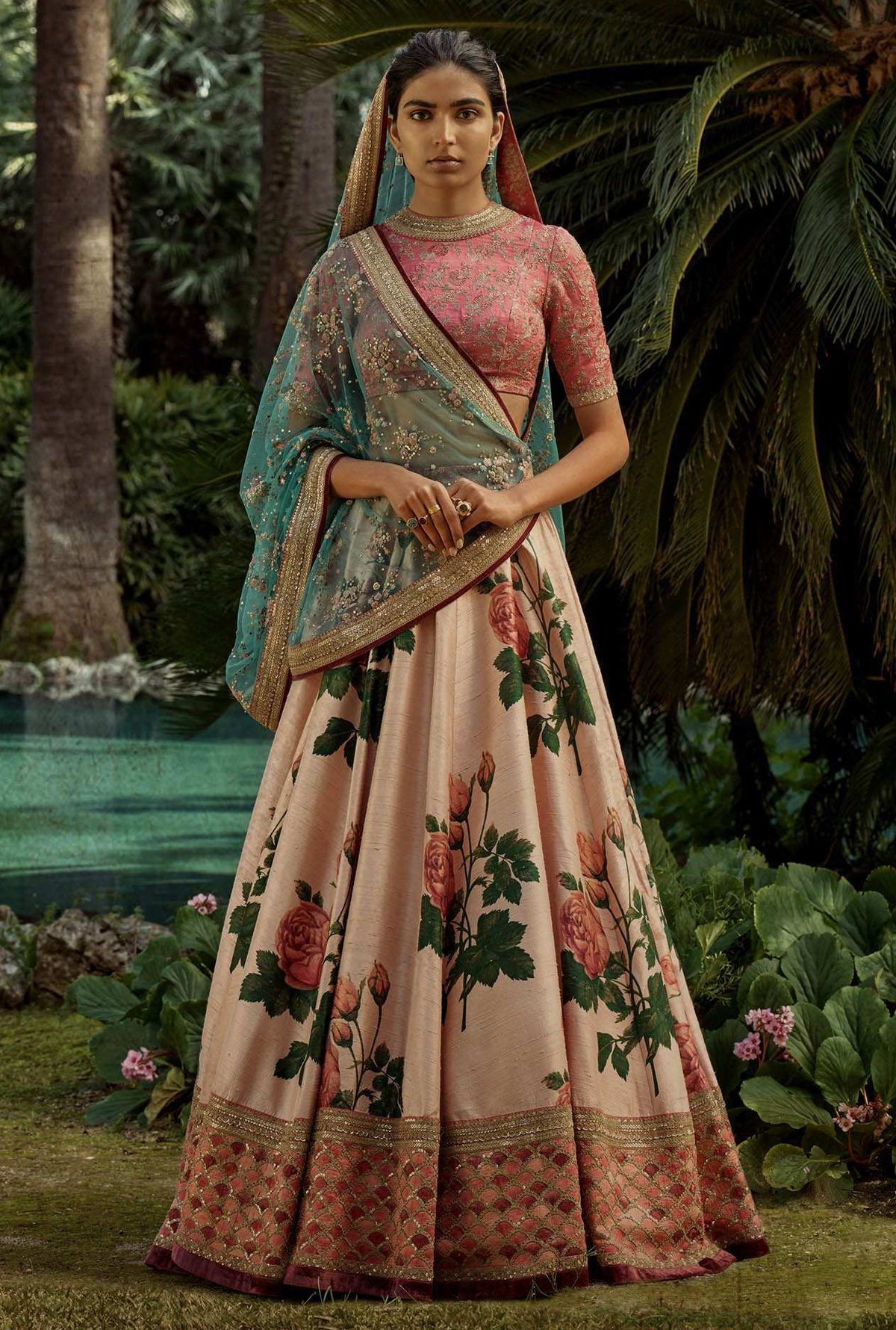 Pink Rose Digital Floral Print Silk Festival Wear Lehenga Choli