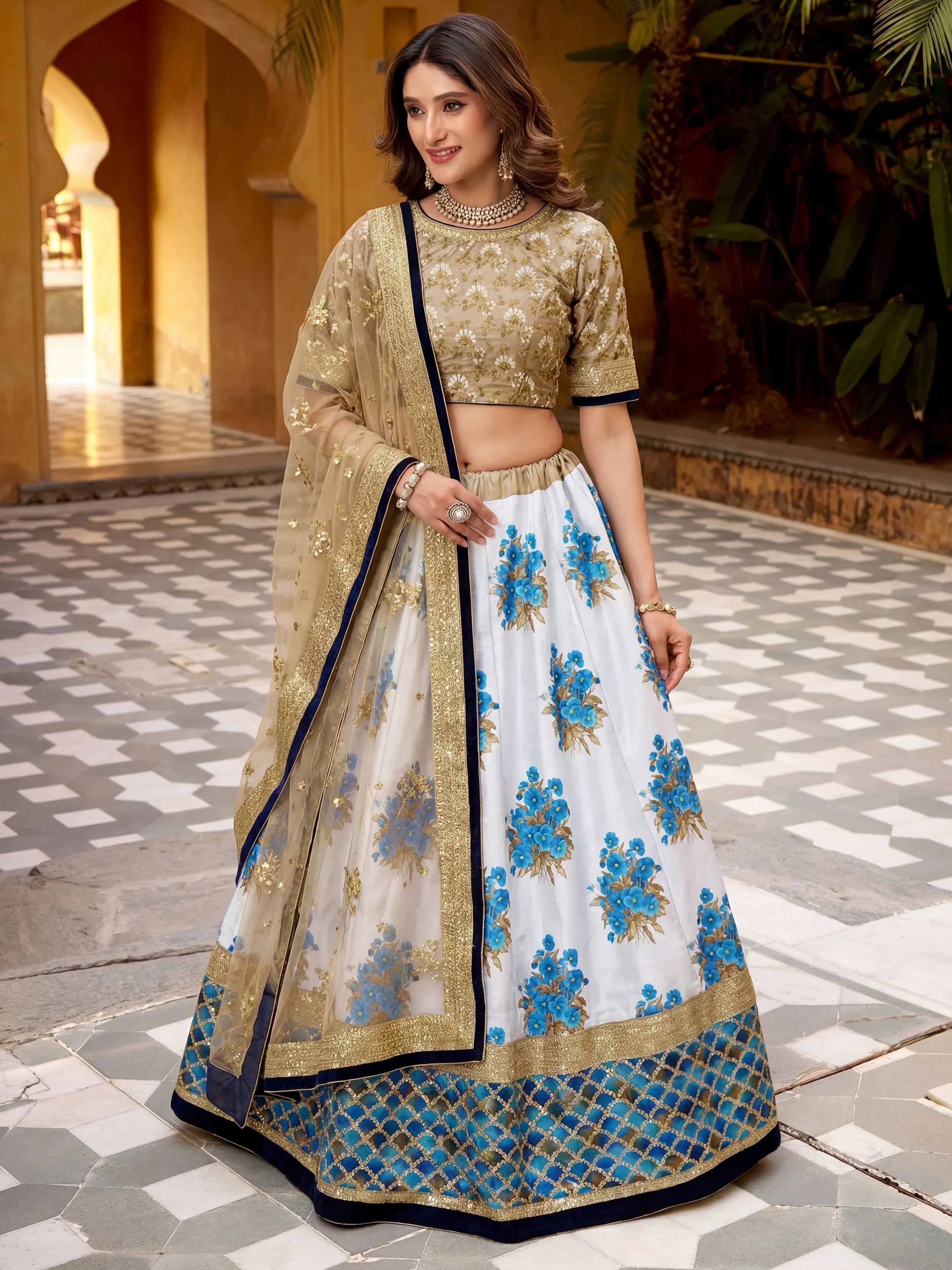 Embroidered silk lehenga choli with sequins and thread work for wedding and bridal occasions - Embroidered Silk Sangeet Lehenga Choli for Women