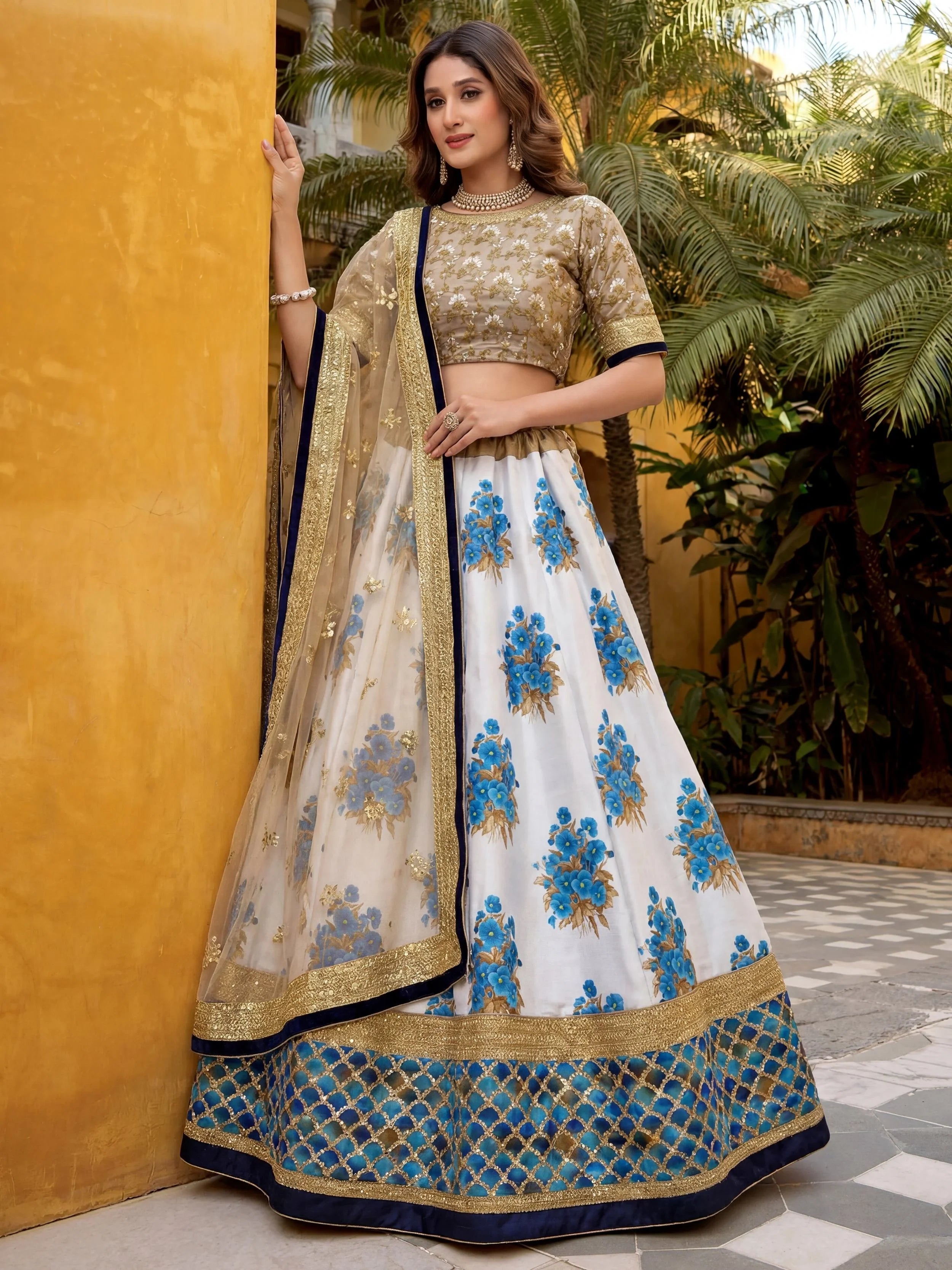 Embroidered silk lehenga choli with sequins and thread work for wedding and bridal occasions - Embroidered Silk Sangeet Lehenga Choli for Women