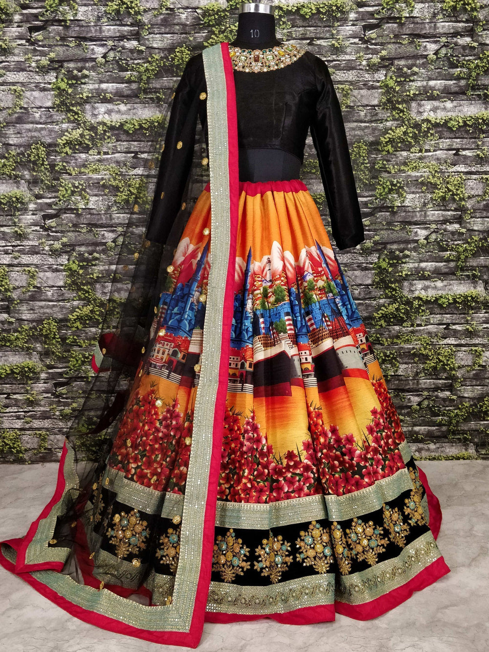 Art silk wedding lehenga choli with digital floral print sequins and dori embroidery work - Digital Printed Silk Wedding Lehenga Choli for Women