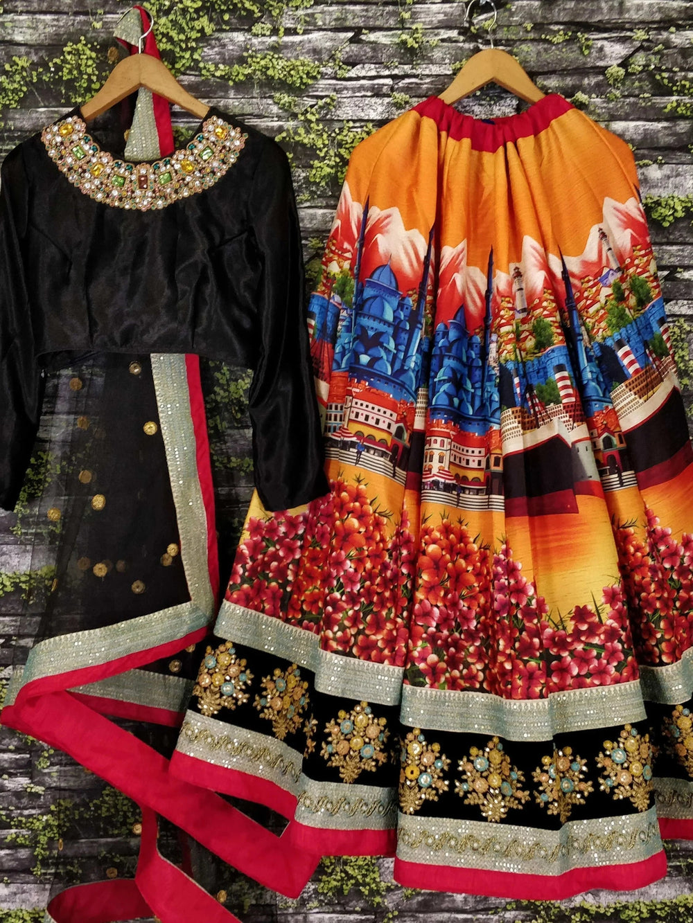 Art silk wedding lehenga choli with digital floral print sequins and dori embroidery work - Digital Printed Silk Wedding Lehenga Choli for Women