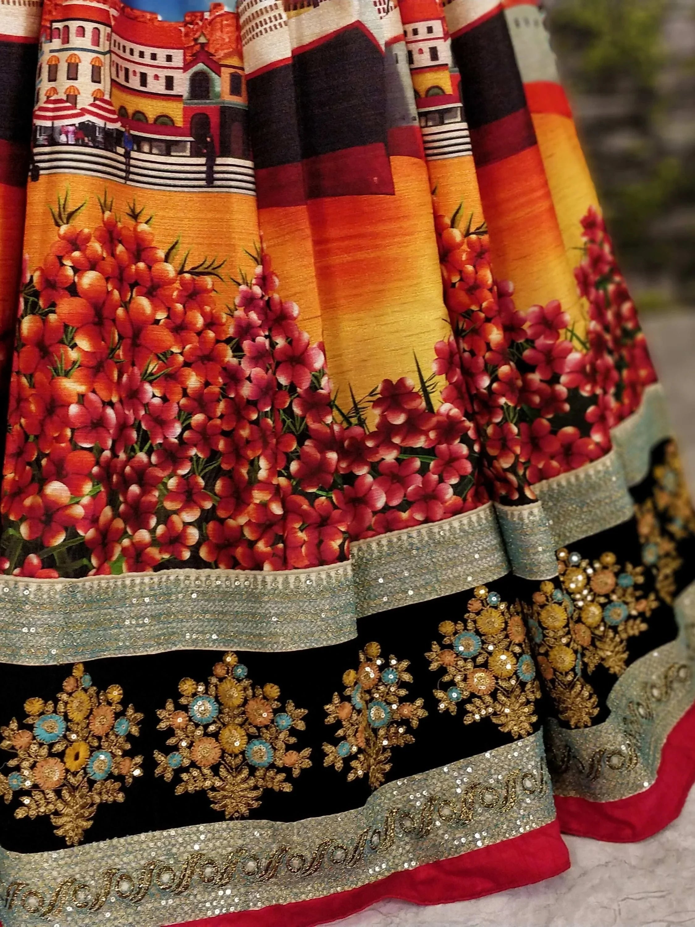 Art silk wedding lehenga choli with digital floral print sequins and dori embroidery work - Digital Printed Silk Wedding Lehenga Choli for Women