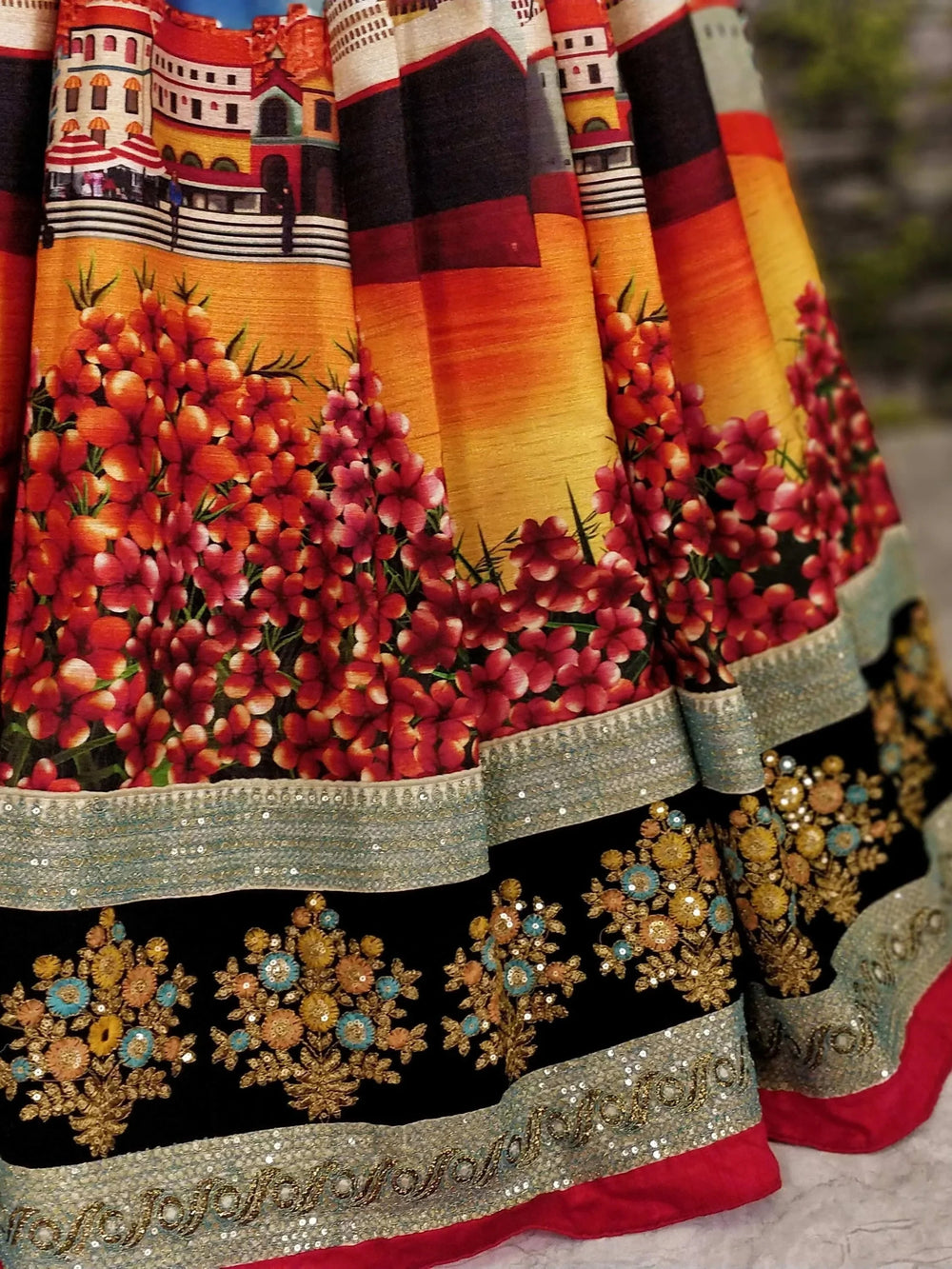 Art silk wedding lehenga choli with digital floral print sequins and dori embroidery work - Digital Printed Silk Wedding Lehenga Choli for Women