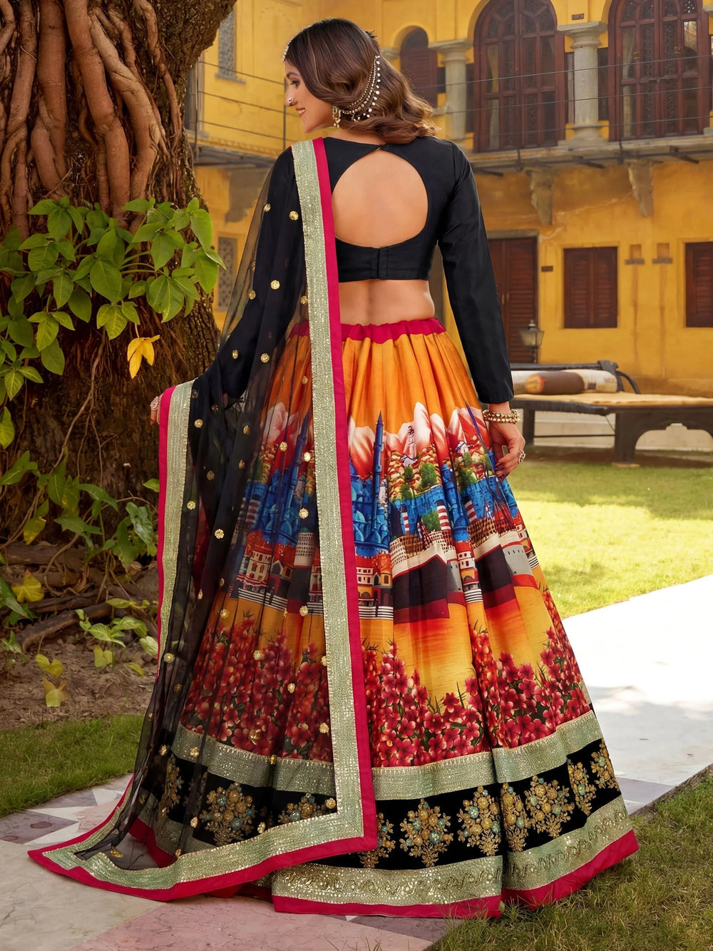 Art silk wedding lehenga choli with digital floral print sequins and dori embroidery work
